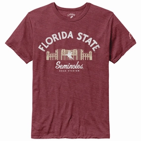 League Men's Florida State Seminoles Doak Campbell Design Short Sleeve Tri-blend T-shirt - Heathered Garnet Cozy Layers Movie Night
