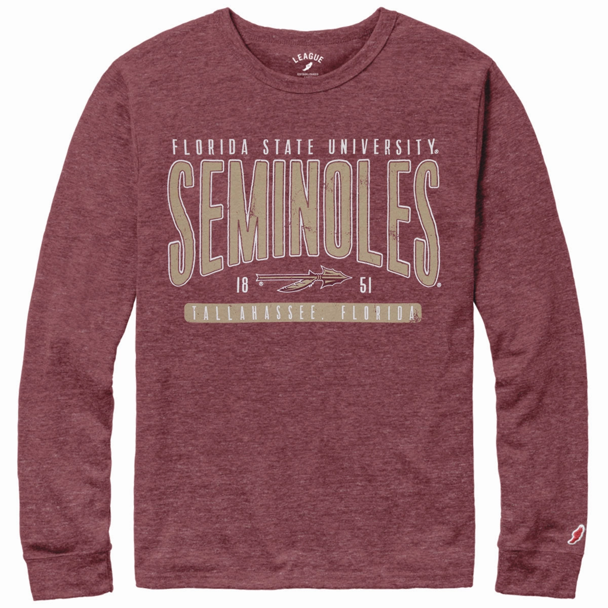 Geometric precision Sophisticated Casual League Men's Florida State Seminoles Spear Design Long Sleeve Tri-blend T-shirt - Heathered Garnet