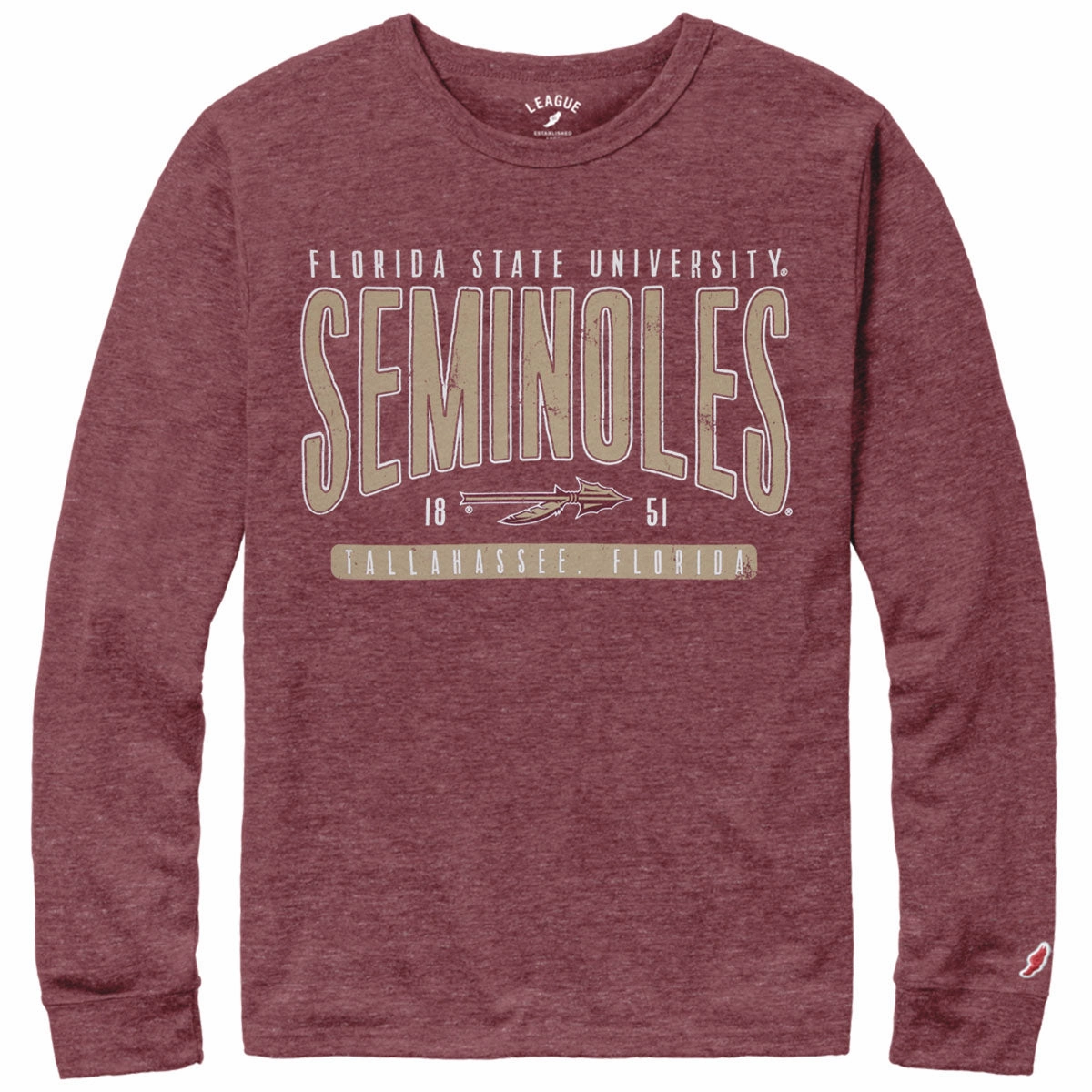 League Men's Florida State Seminoles Spear Design Long Sleeve Tri-blend T-shirt - Heathered Garnet athletic style Comfortable Fit Wear