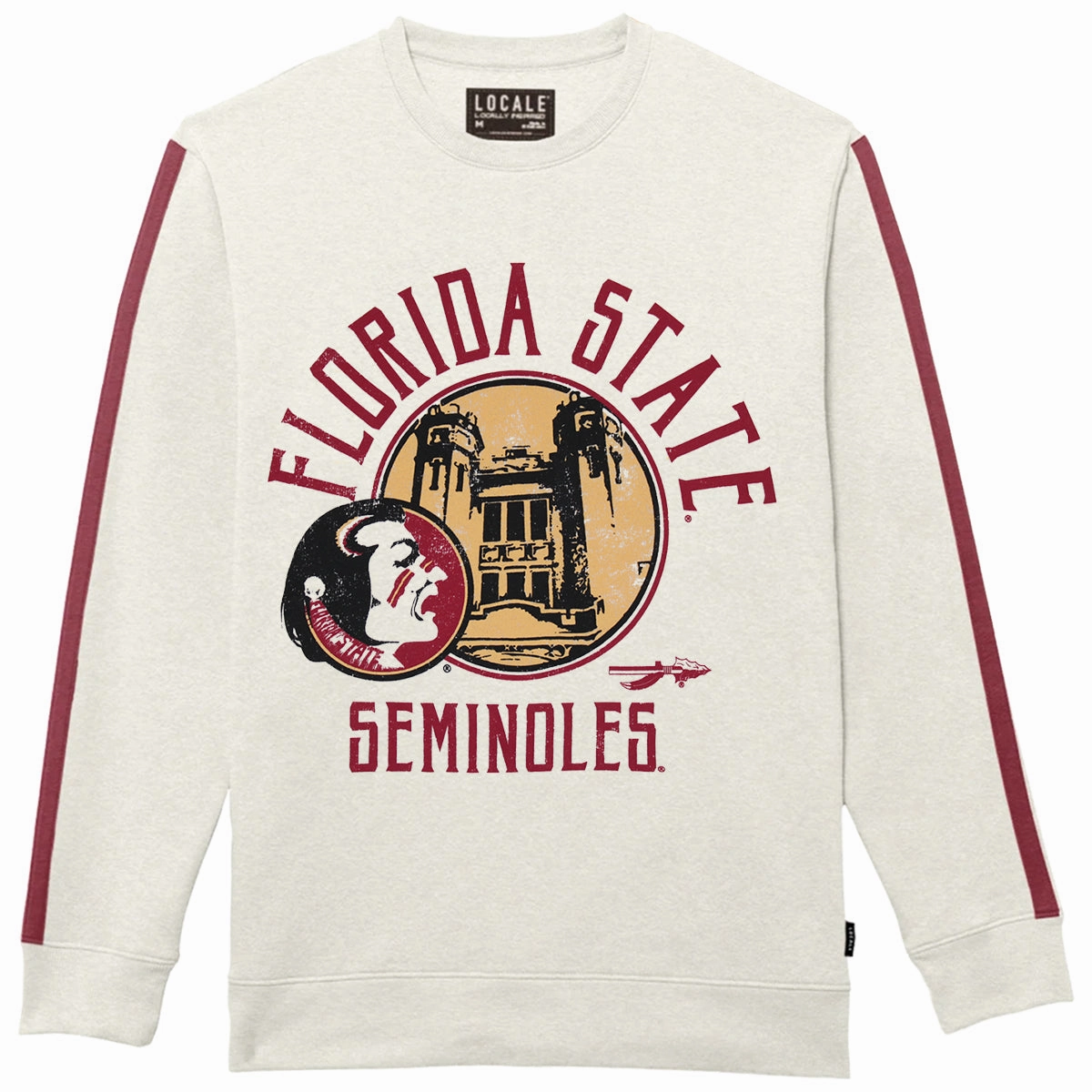 DoubleStitched Seams Relaxed Collar League Men's Vault Florida State Seminoles/Seminole Logo Westcott Design Crew Fleece - Antique White