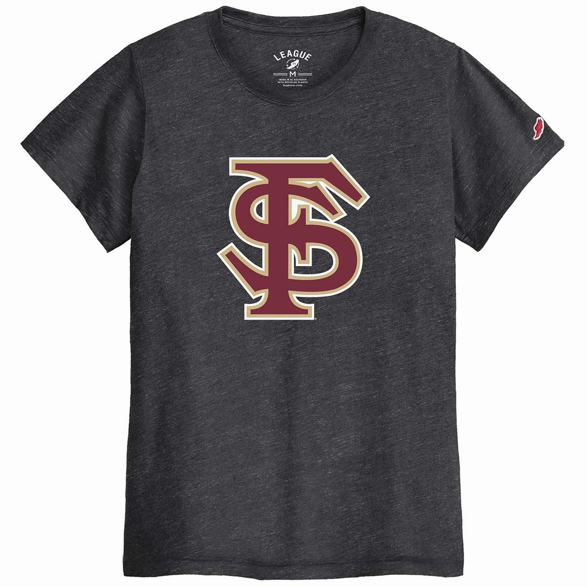 League Women's Interlocking FS Logo Short Sleeve Tri-blend T-shirt - Heather Black short sleeved Boat neck style