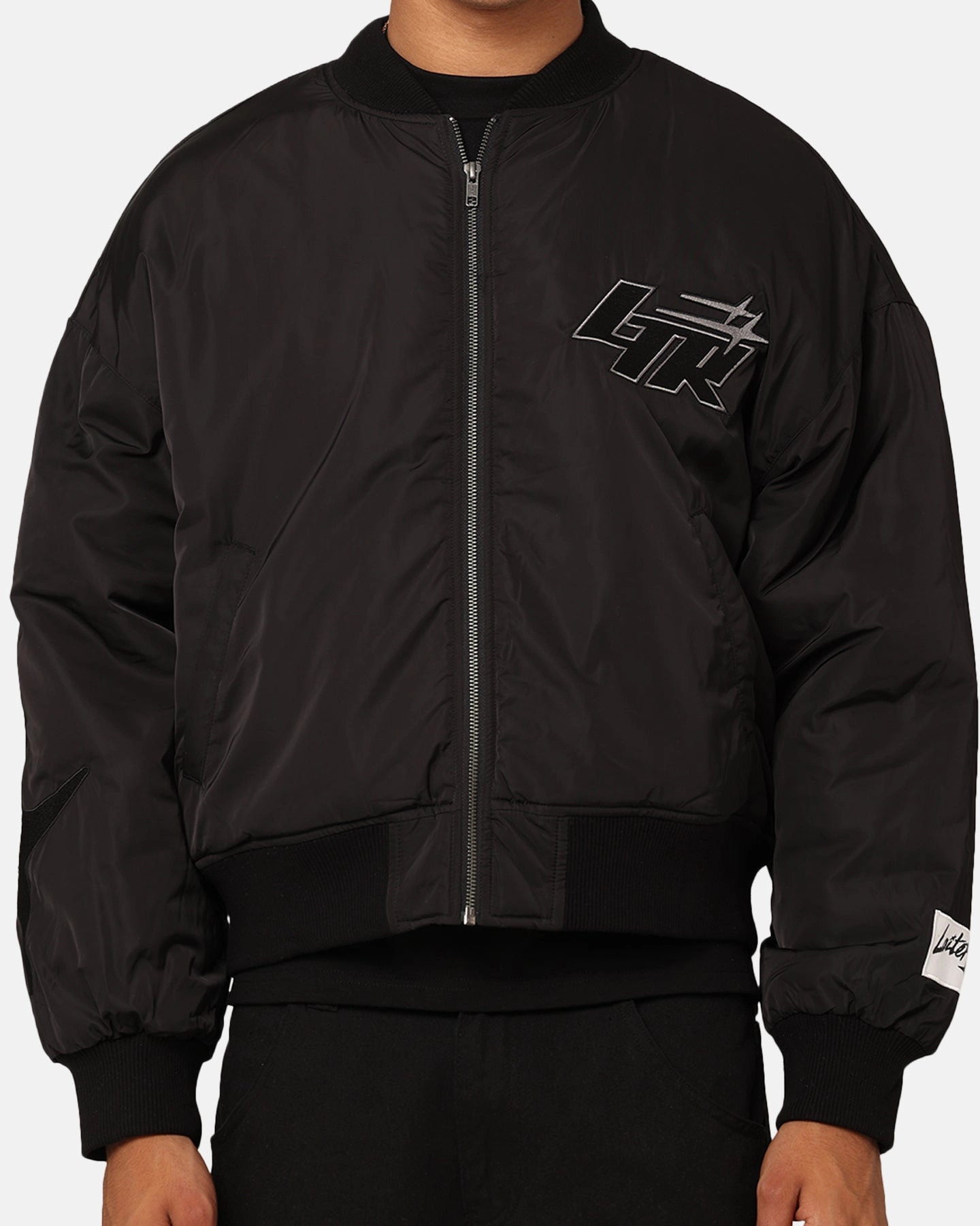 Loiter Shadow Cropped Bomber Jacket Black Articulated Sleeves