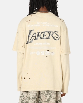 Mitchell & Ness Los Angeles Lakers Chromed Mock Long Sleeve T-Shirt Khaki Formal Style Quick Release Hem