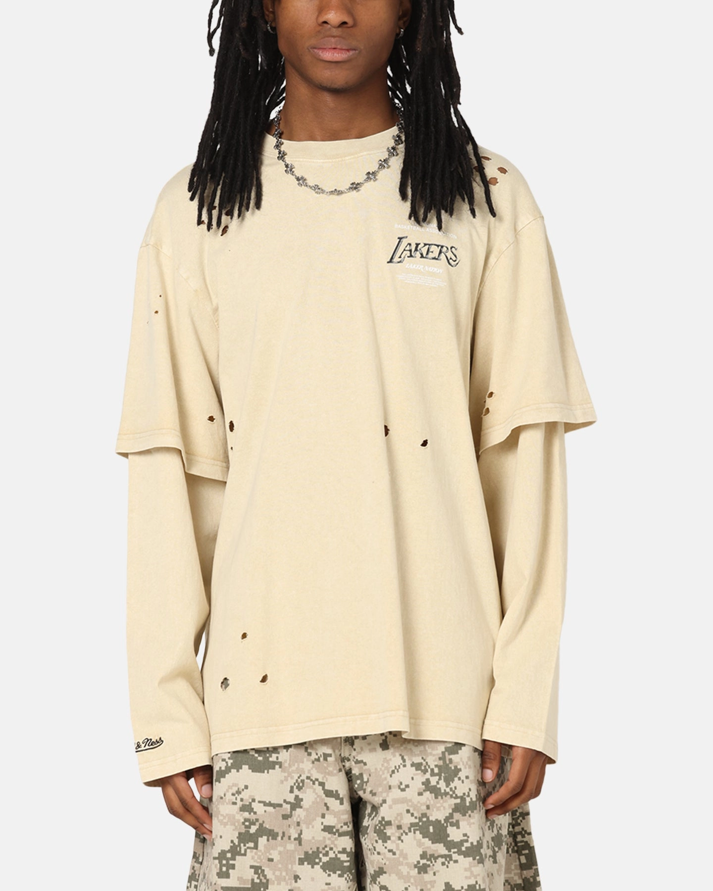 Mitchell & Ness Los Angeles Lakers Chromed Mock Long Sleeve T-Shirt Khaki Breathable Cotton Fabric