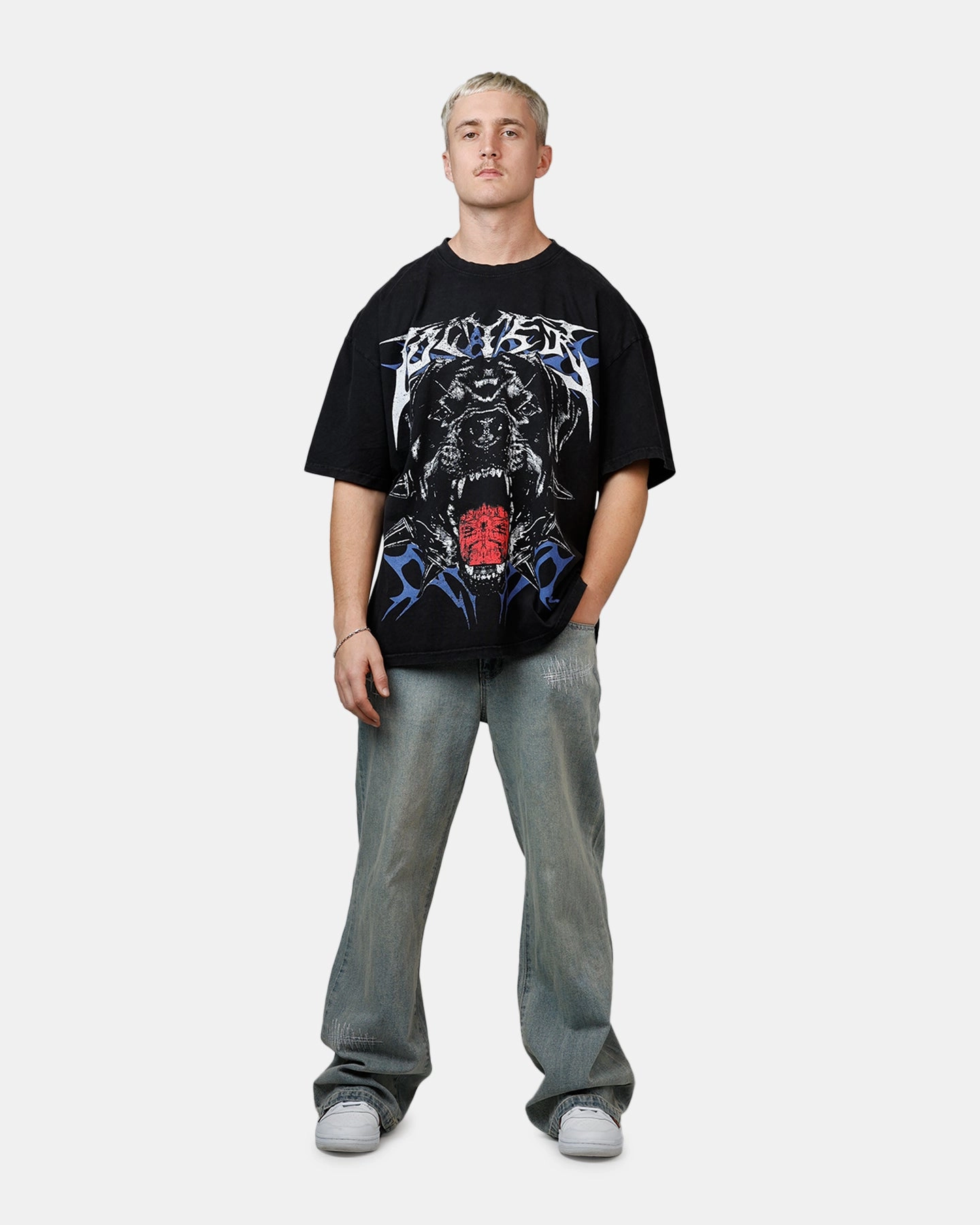 Loiter Dog Eat Dog Vintage T-Shirt Black Acidwash Comfortable Weave