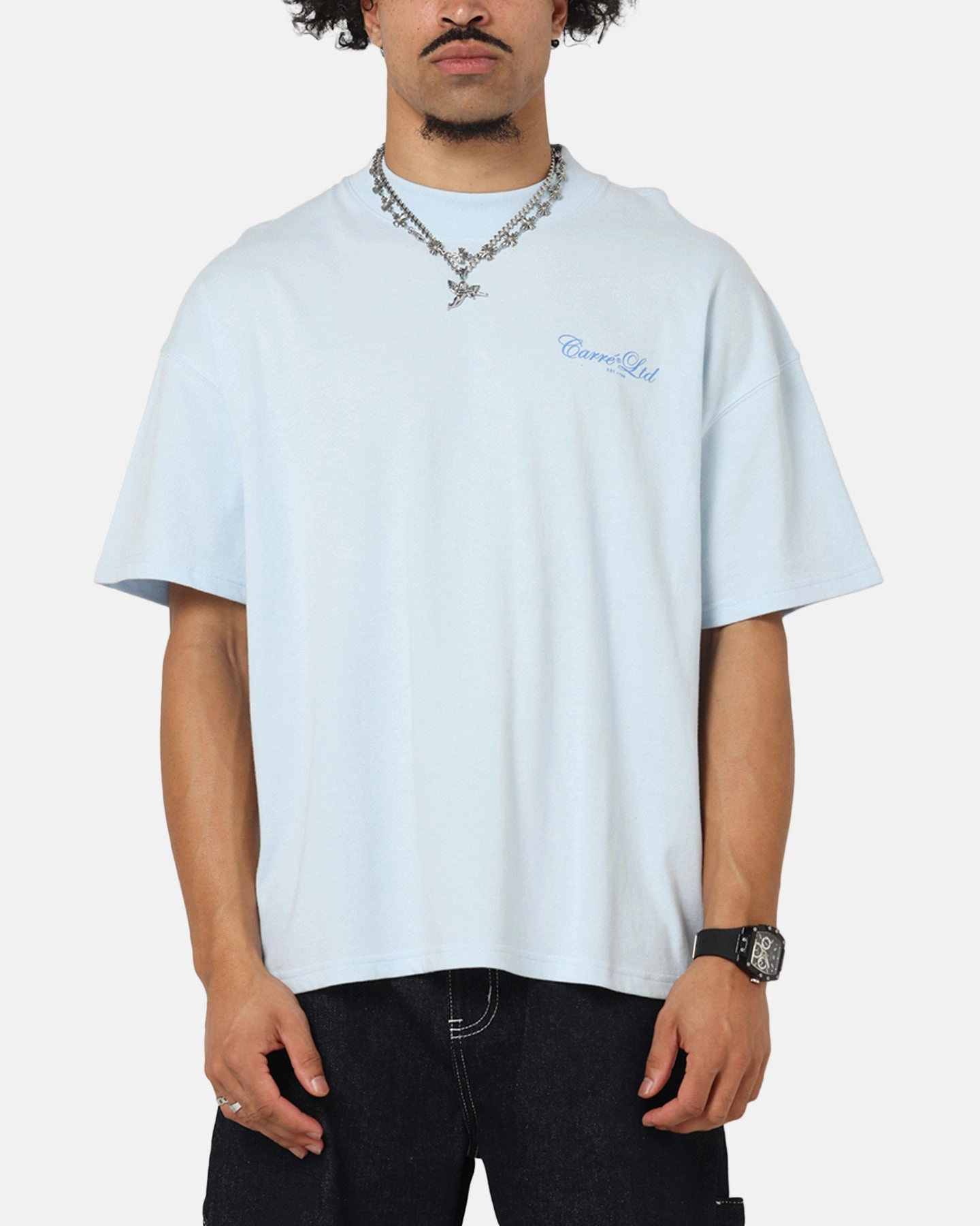 Cozy and Comfortable Cozy and Soft Carre Side Script Oversized T-Shirt Baby Blue