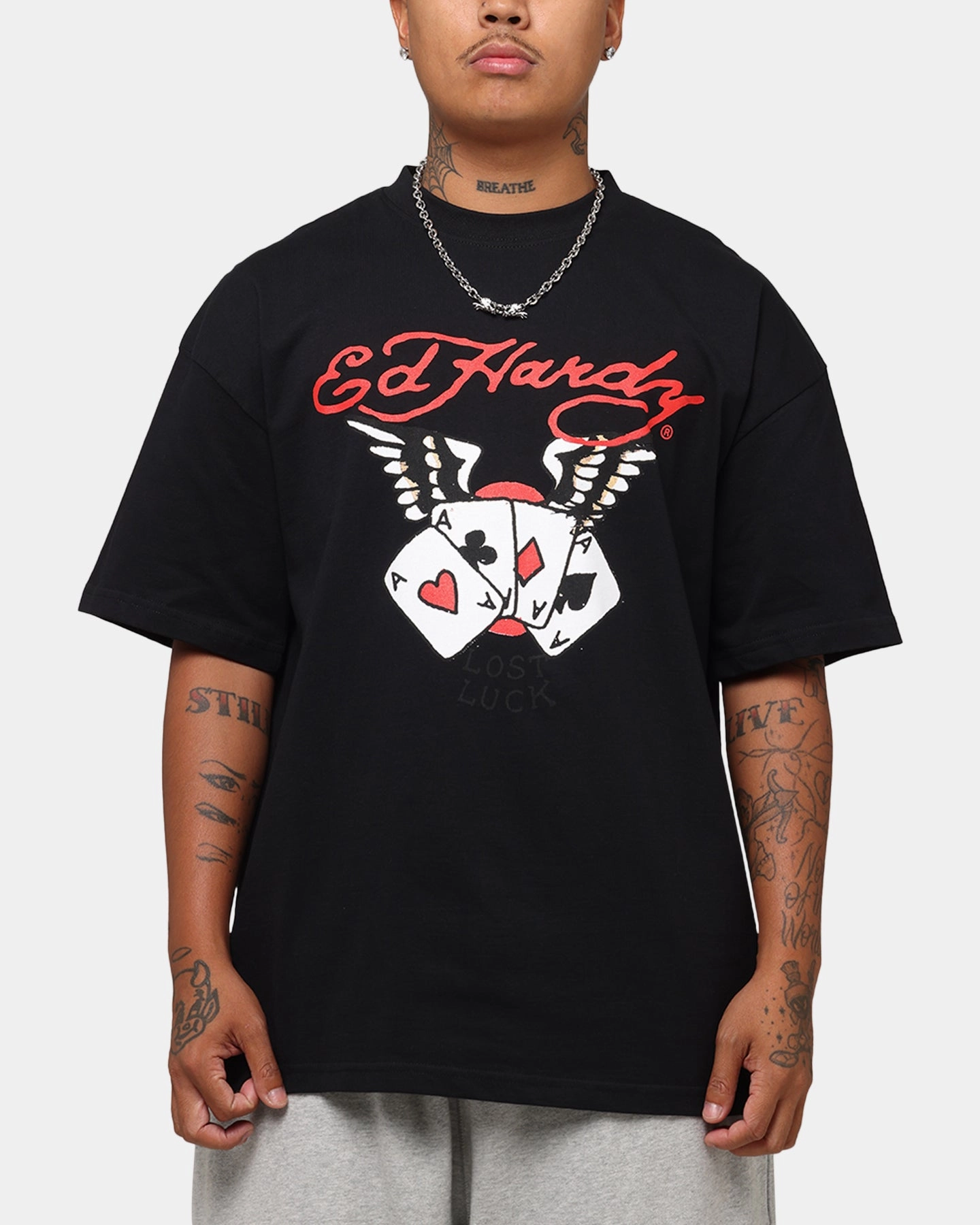 Double Stitched Hem Easy-to-Style Top Ed Hardy Lost Luck T-Shirt Black
