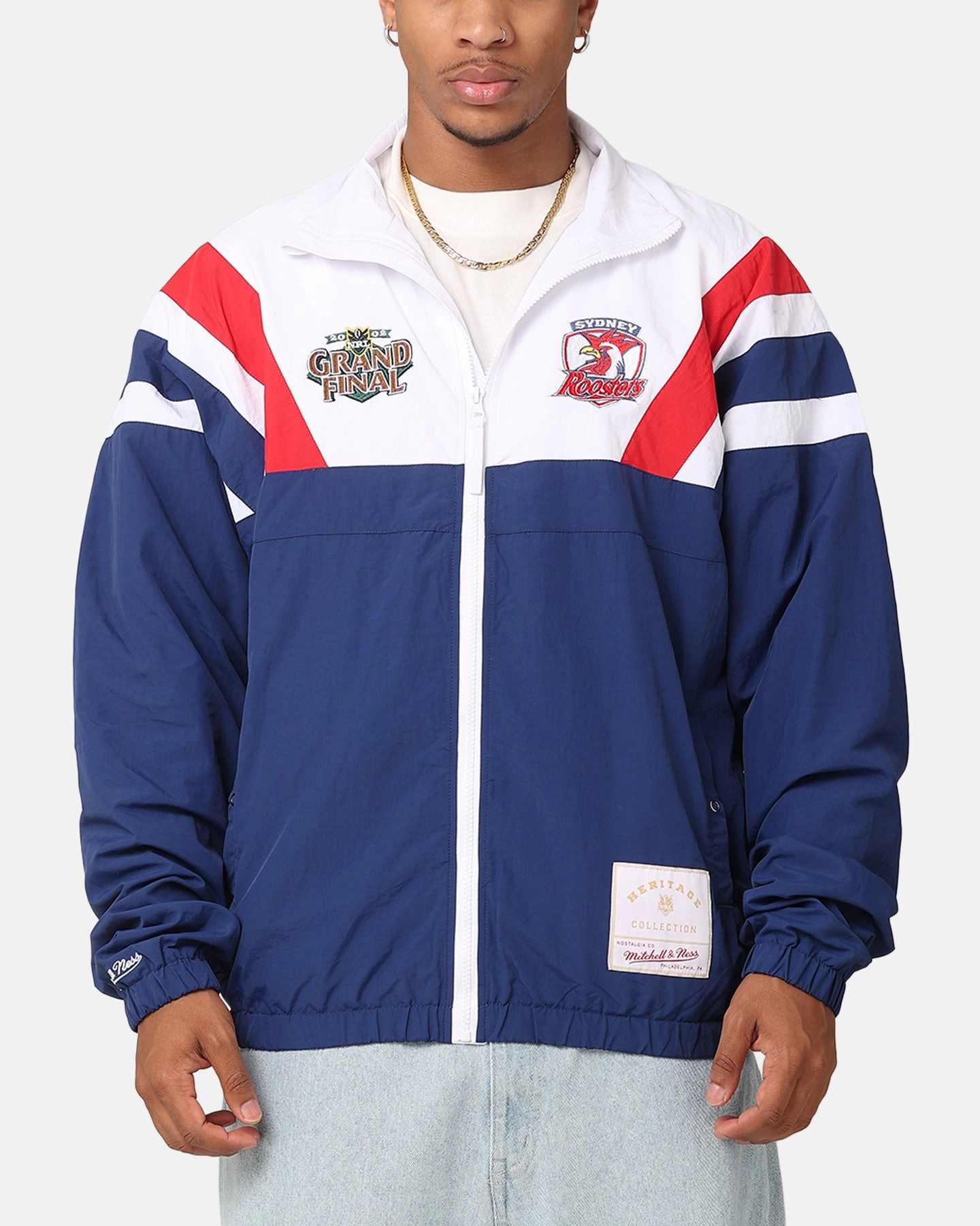 Warm and Cozy Trophy Mitchell & Ness Sydney Roosters Full Zip Spray Jacket White/Red/Navy