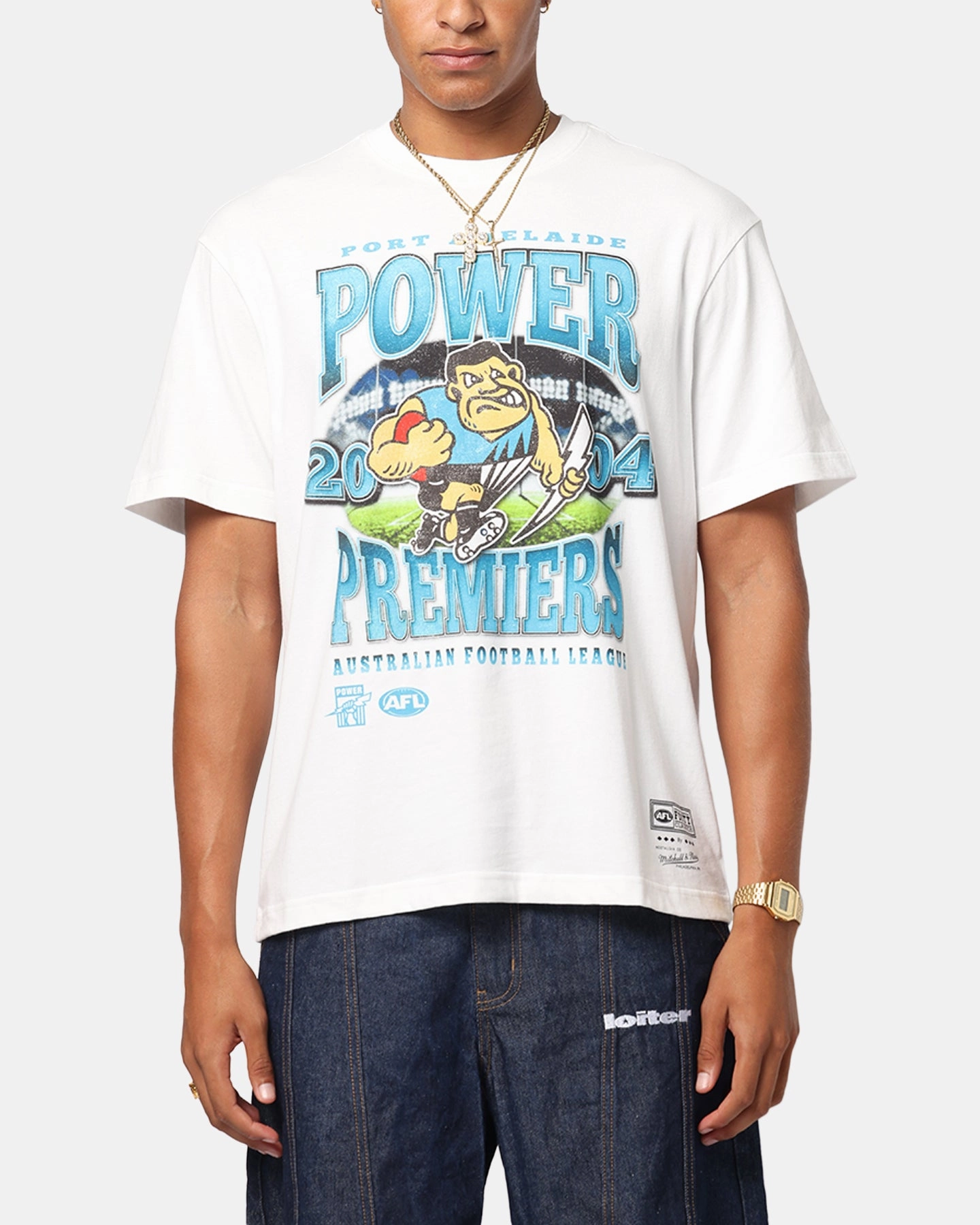 Weekend Essential Glossy Look Mitchell & Ness Port Adelaide Power Mascot T-Shirt Vintage White