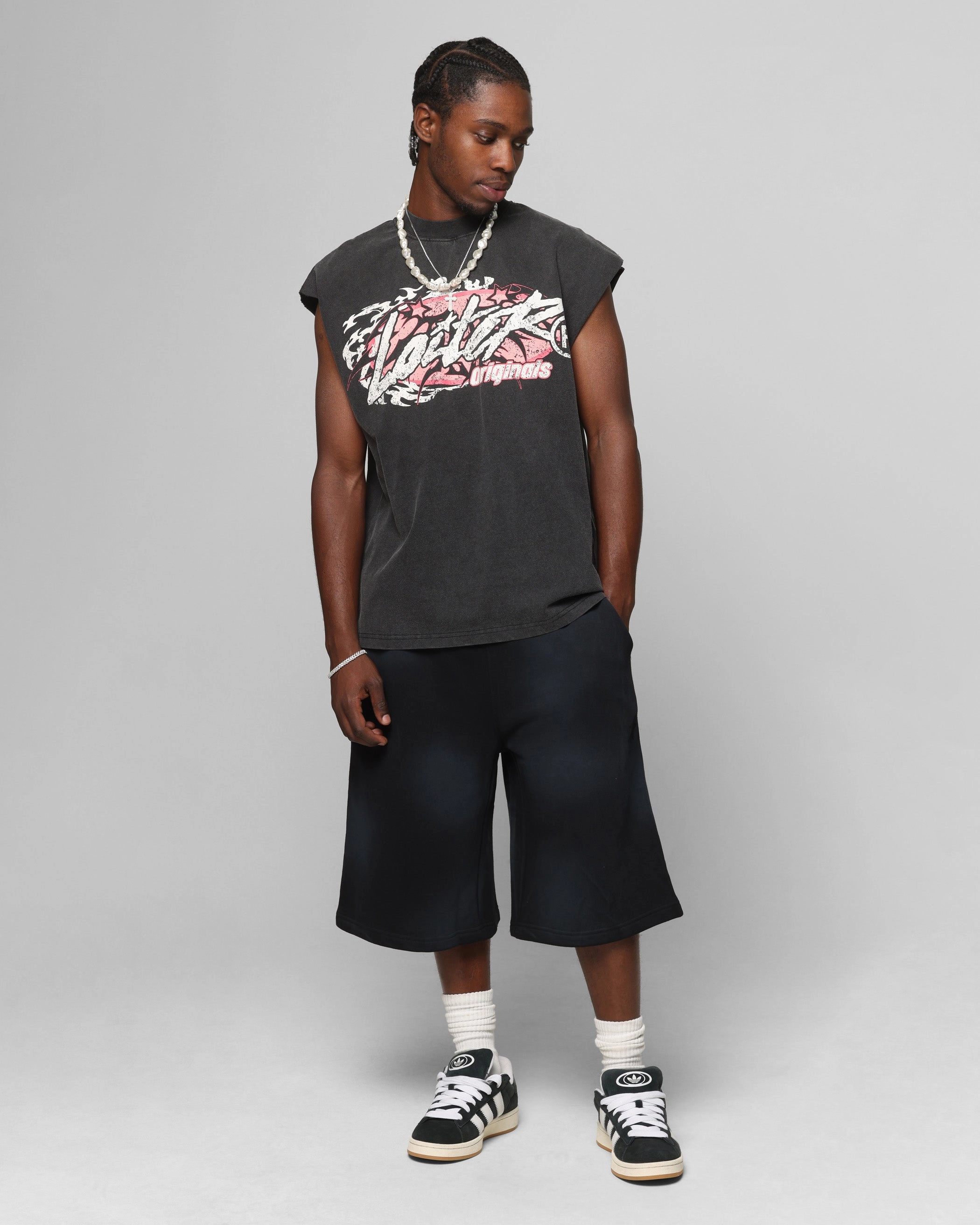 Loiter Premium Essentials Sweat Shorts Washed Black Reflective Safety Stripes