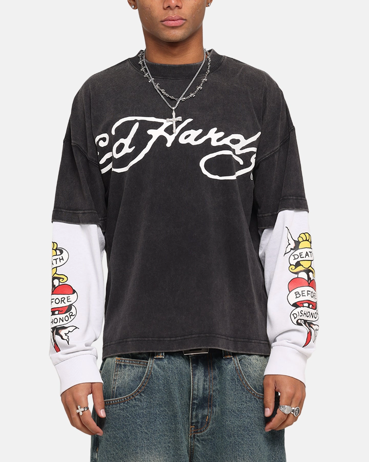 Breathable Mesh Panels Ed Hardy Tiger Layered Long Sleeve T-Shirt Black
