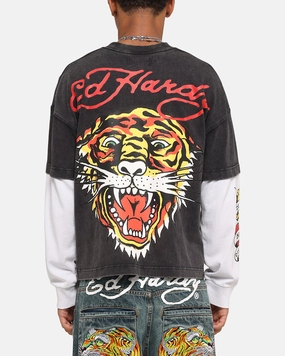 Fashion Top Ed Hardy Tiger Layered Long Sleeve T-Shirt Black