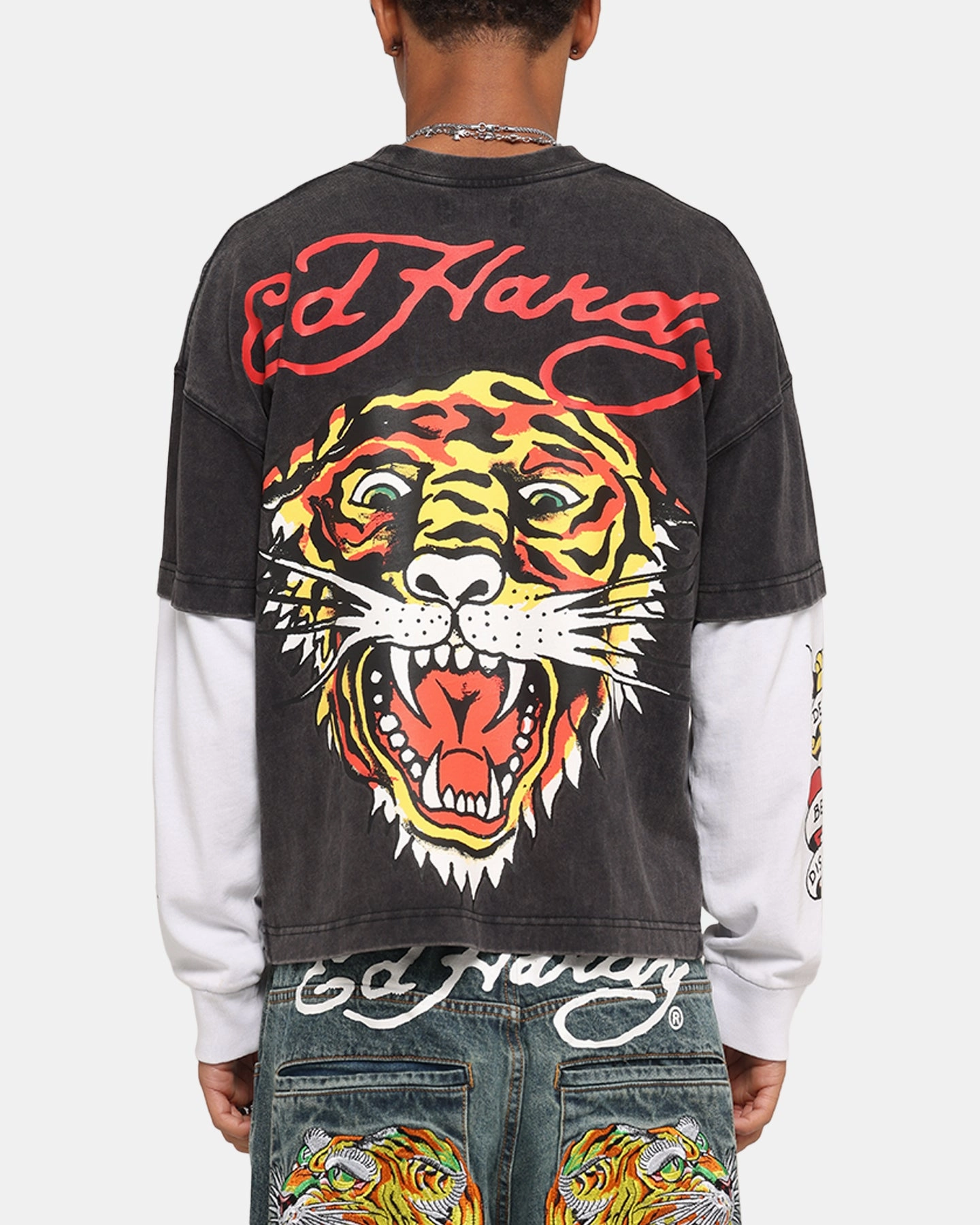 Fashion Top Ed Hardy Tiger Layered Long Sleeve T-Shirt Black