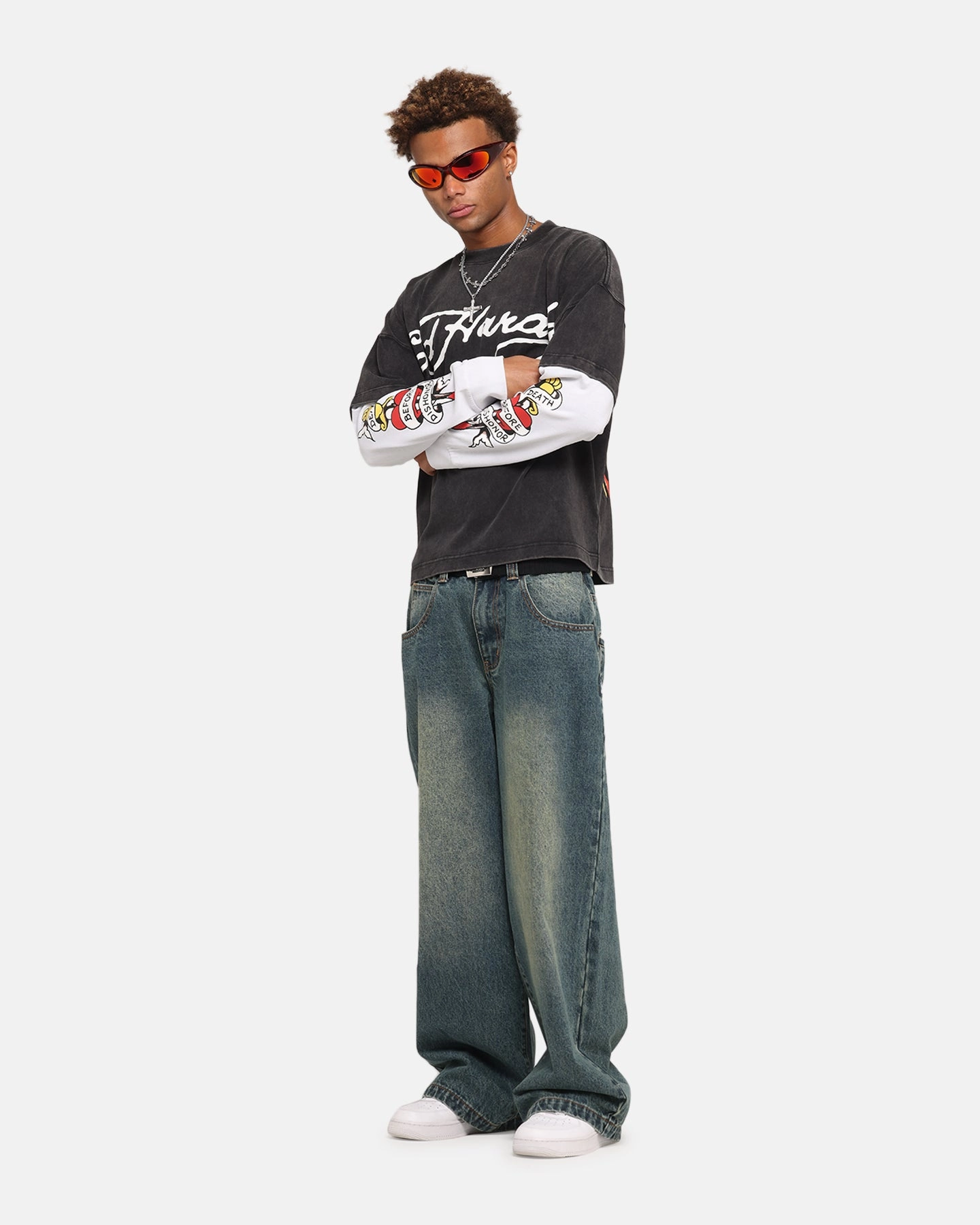 Ed Hardy Tiger Layered Long Sleeve T-Shirt Black Sporty Look