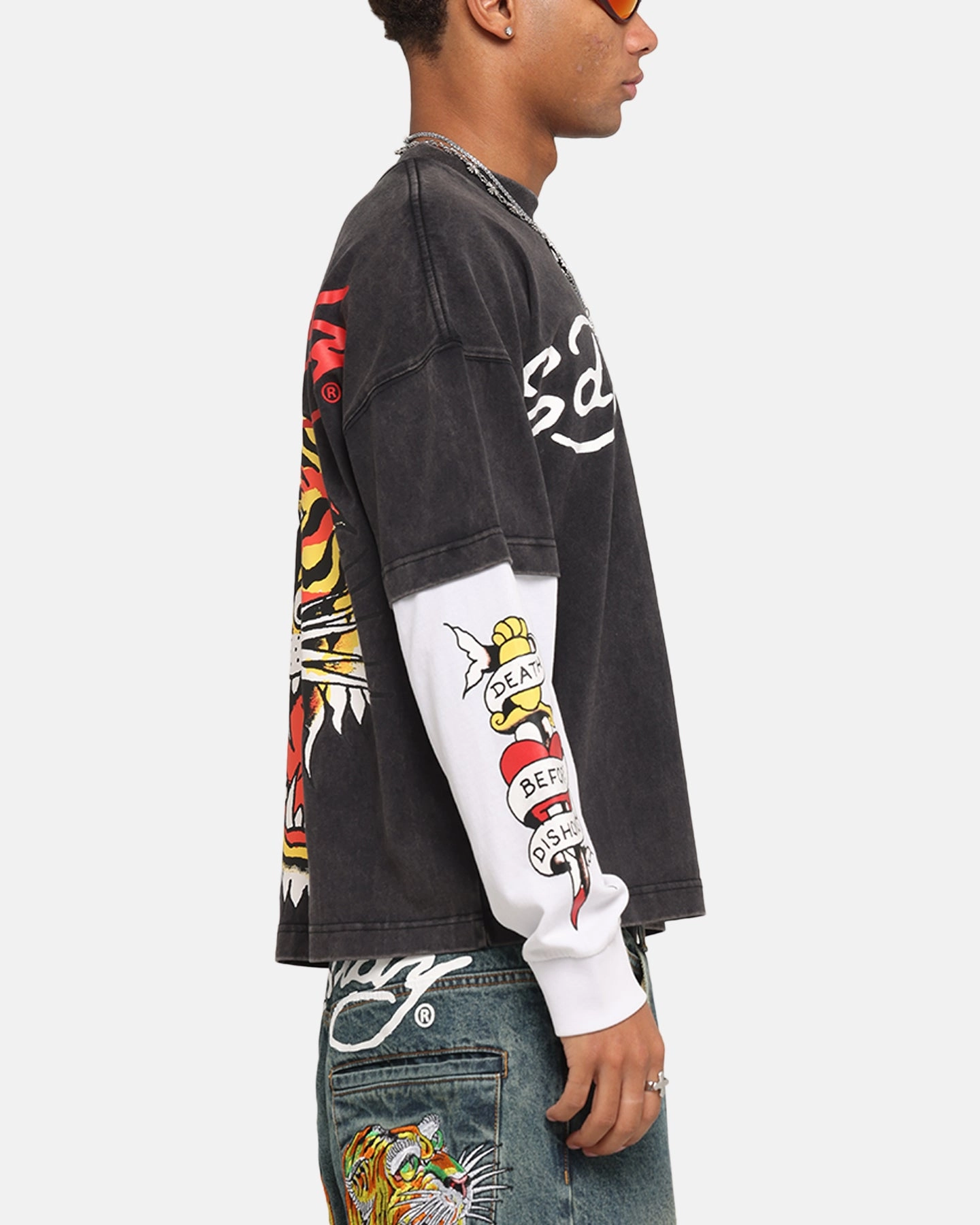 SoftenedNeckline Weekend Wardrobe Ed Hardy Tiger Layered Long Sleeve T-Shirt Black