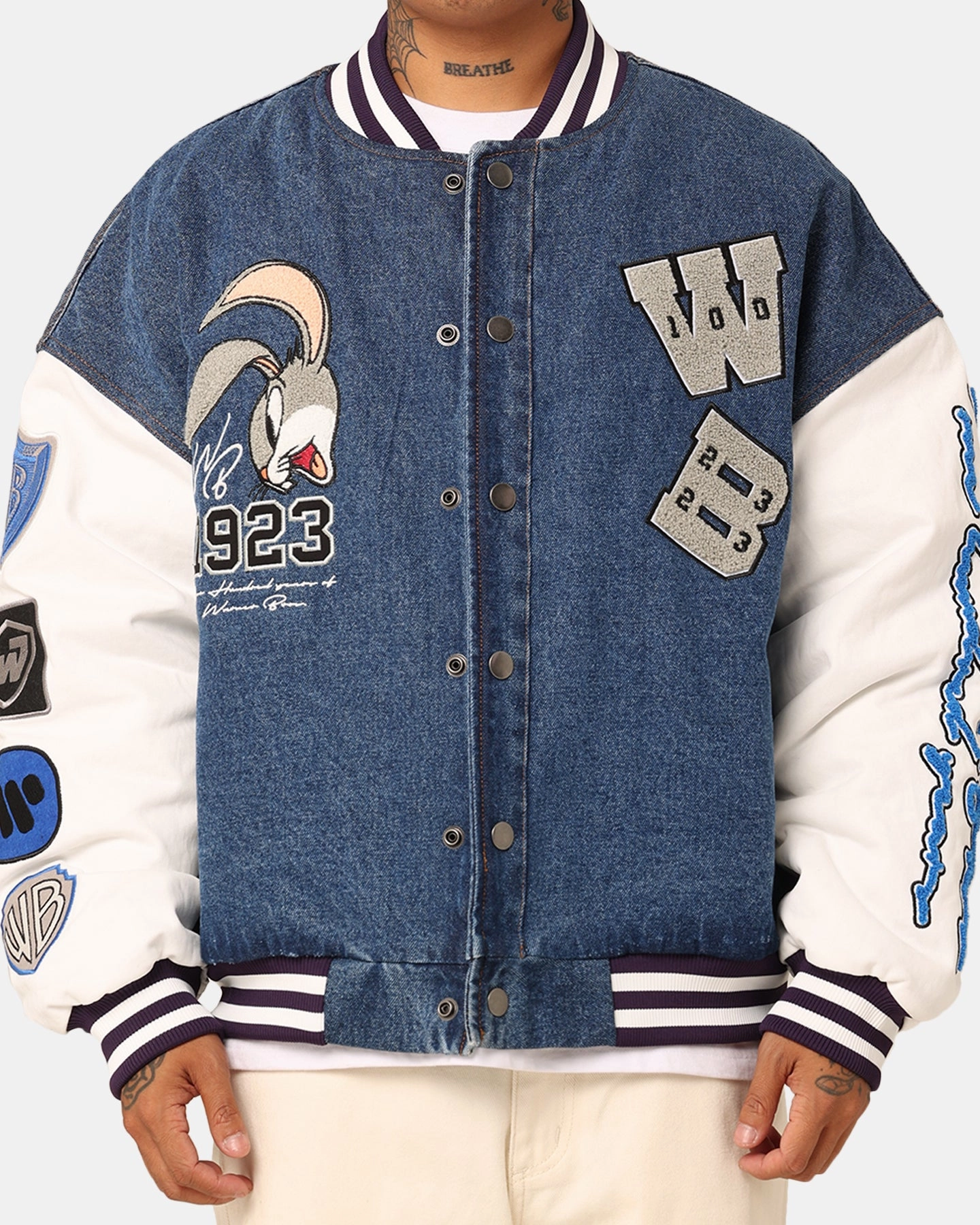 American Thrift X Warner Bros. 100 Years Varsity Jacket Blue/Cream Comfort Fit Tactics