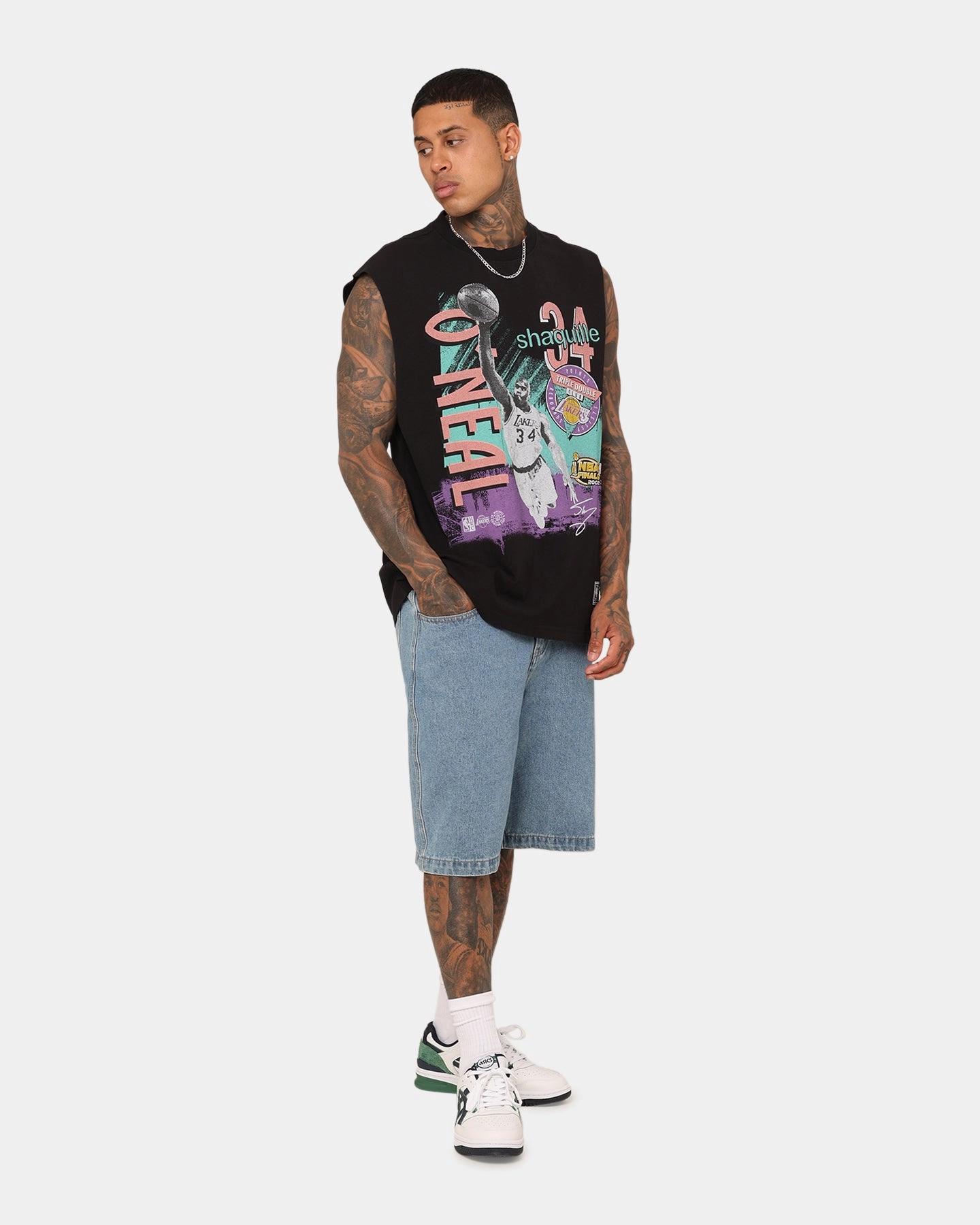 Mitchell & Ness Los Angeles Lakers Shaquille O'Neal Brush Off Muscle T-Shirt Black Soft and Lightweight Cozy Layer