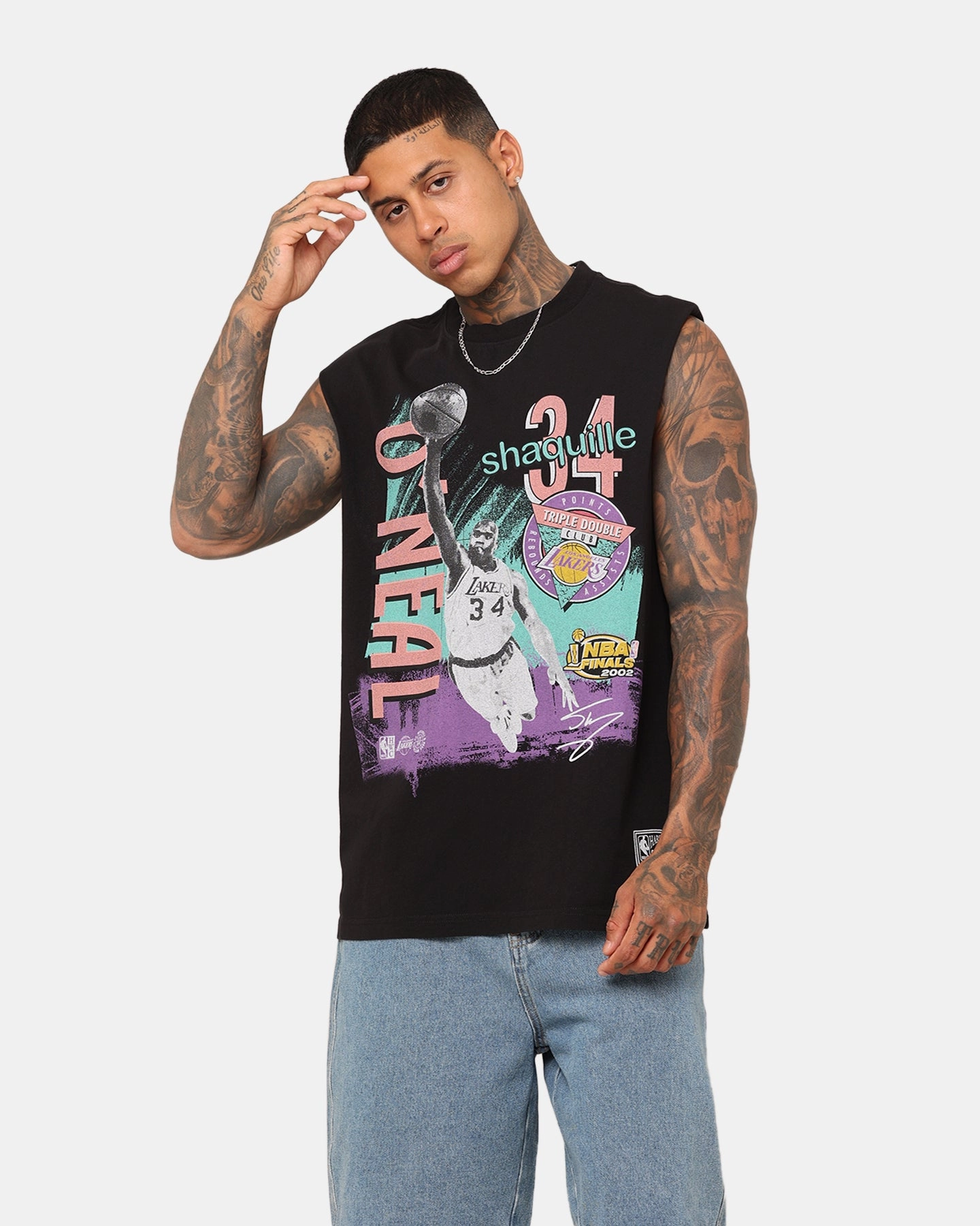 Mitchell & Ness Los Angeles Lakers Shaquille O'Neal Brush Off Muscle T-Shirt Black Zip Up FunctionalPockets