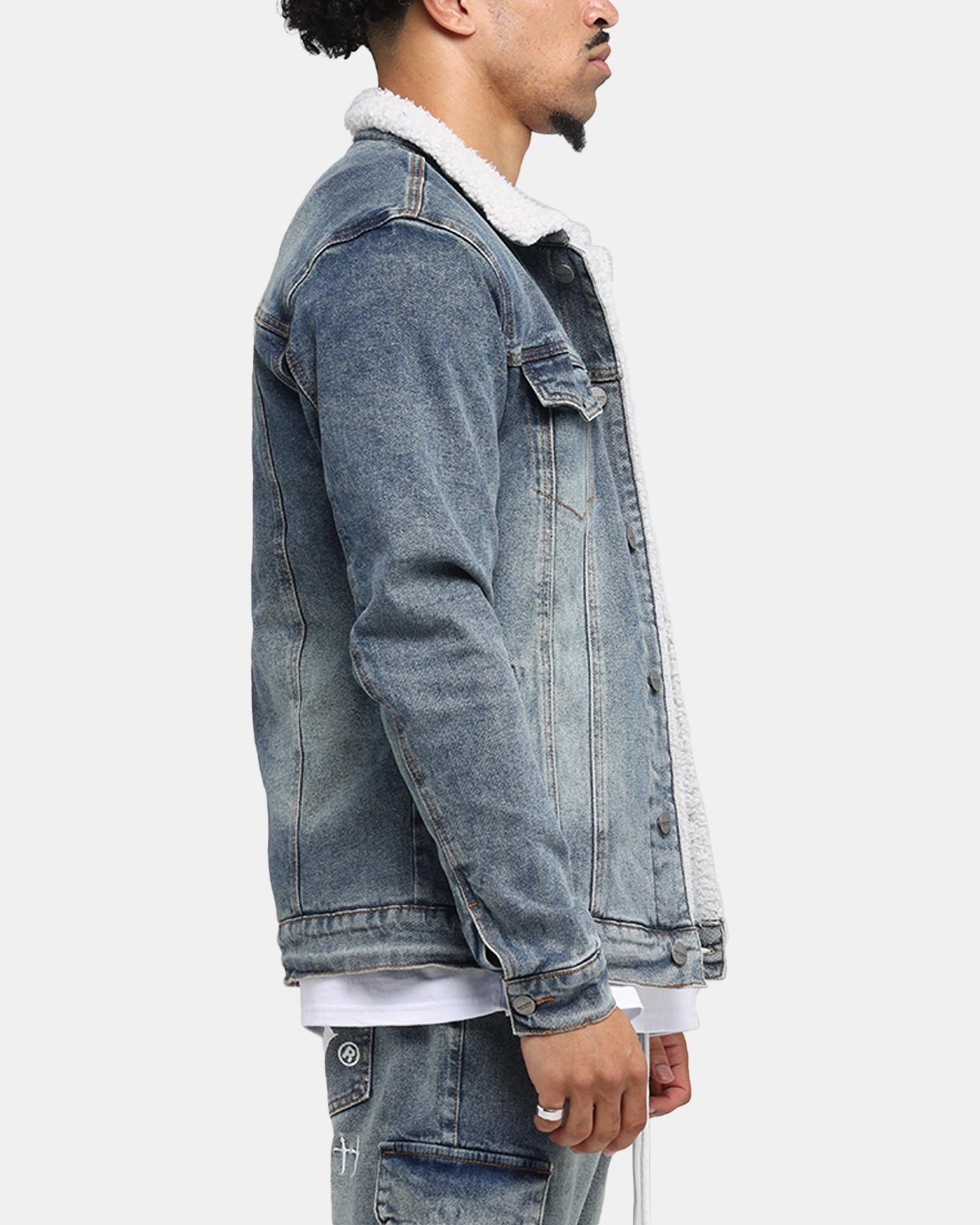 Saint Morta Sherpa Denim Jacket Dirty Denim Adjustable Drawstring Hood