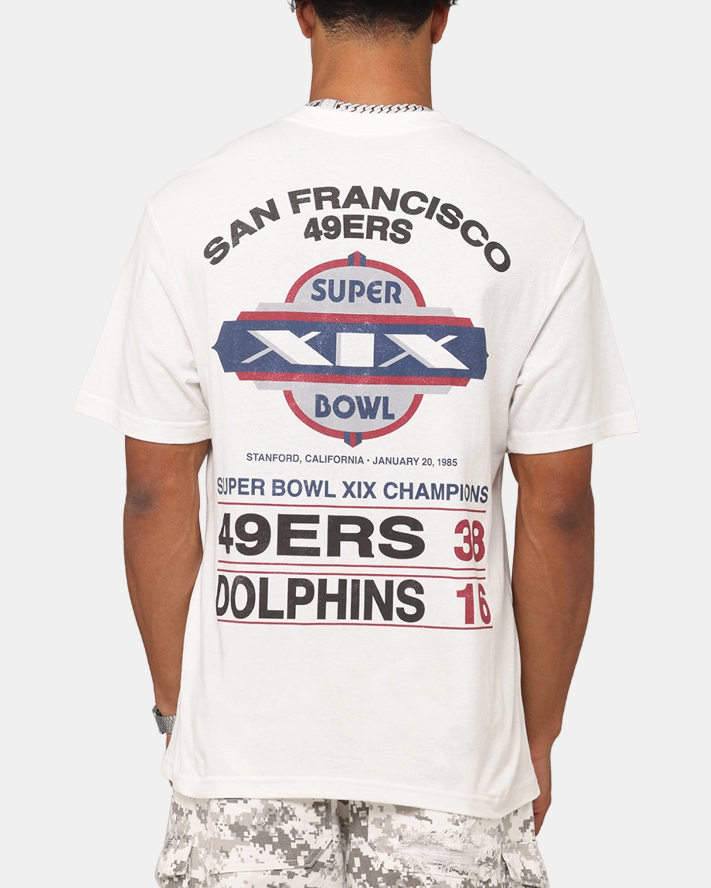 Pocket Reinforcement Relaxing Day Mitchell & Ness Super Bowl XIX Match Up T-Shirt Vintage White