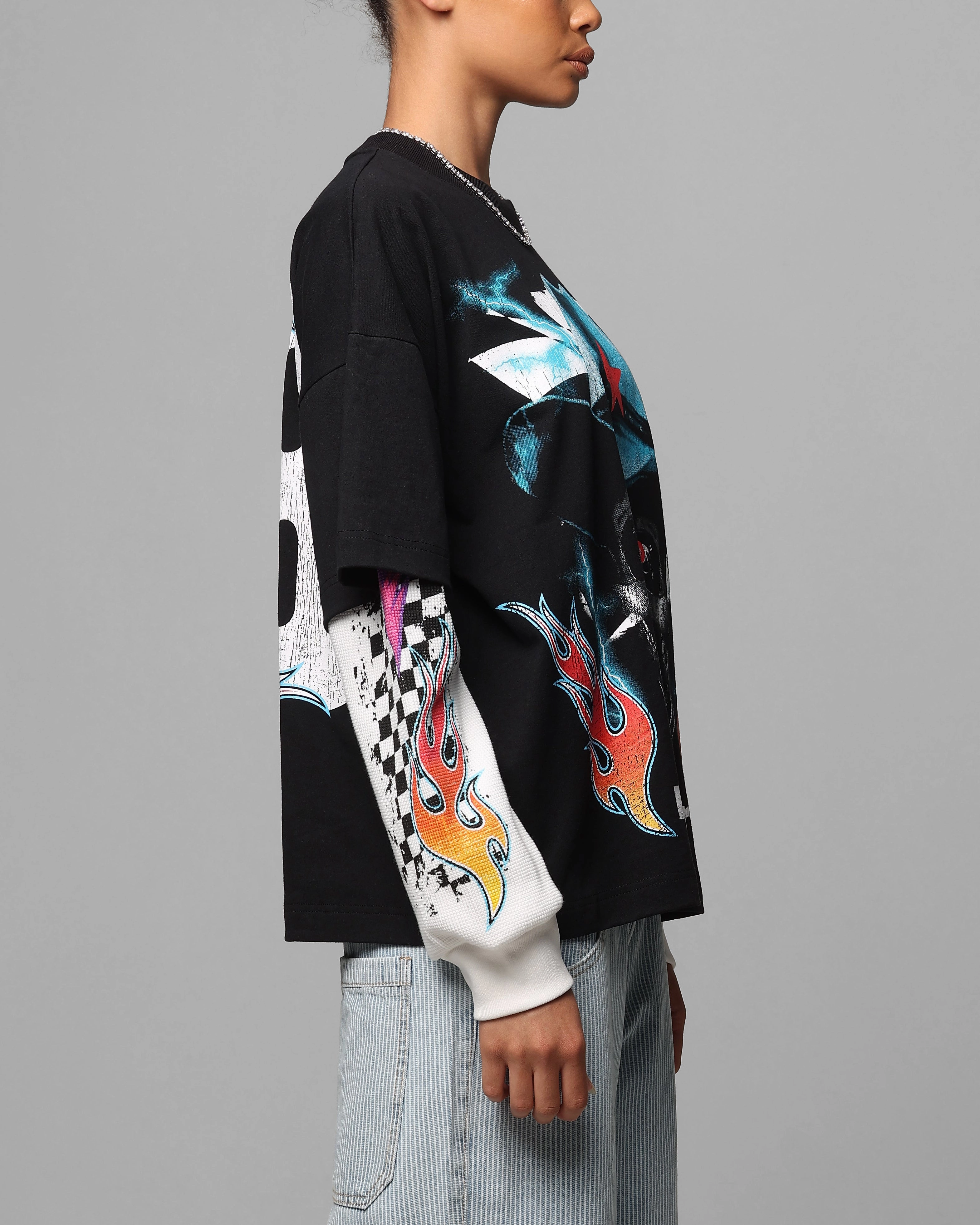 Versatile Wearable Cozy Layering Loiter Daytona Layered Long Sleeve T-Shirt Black/White