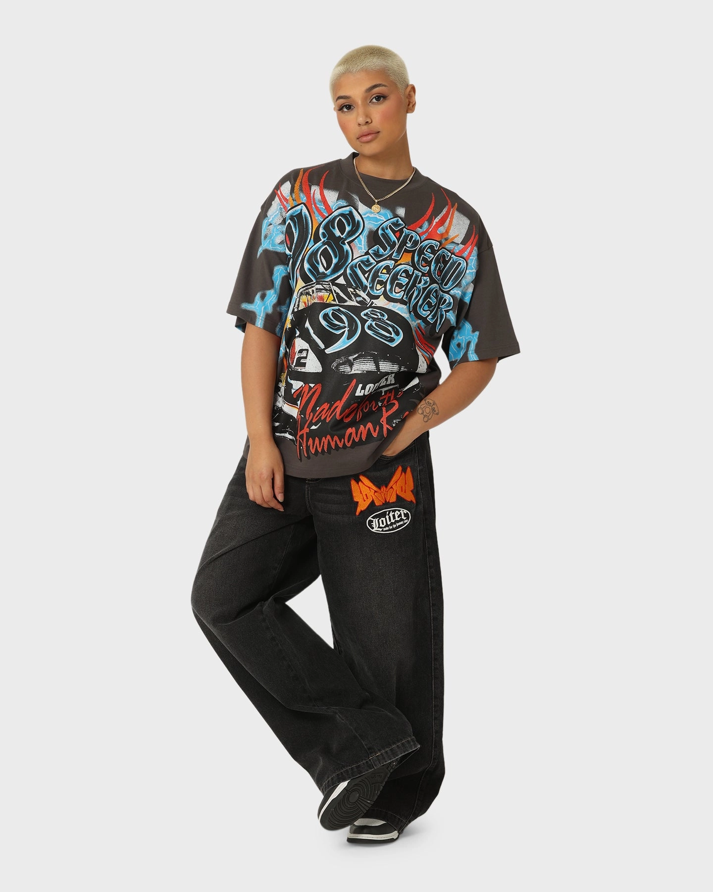 Taped Neckline Loiter Speed Seeker Vintage T-Shirt Charcoal