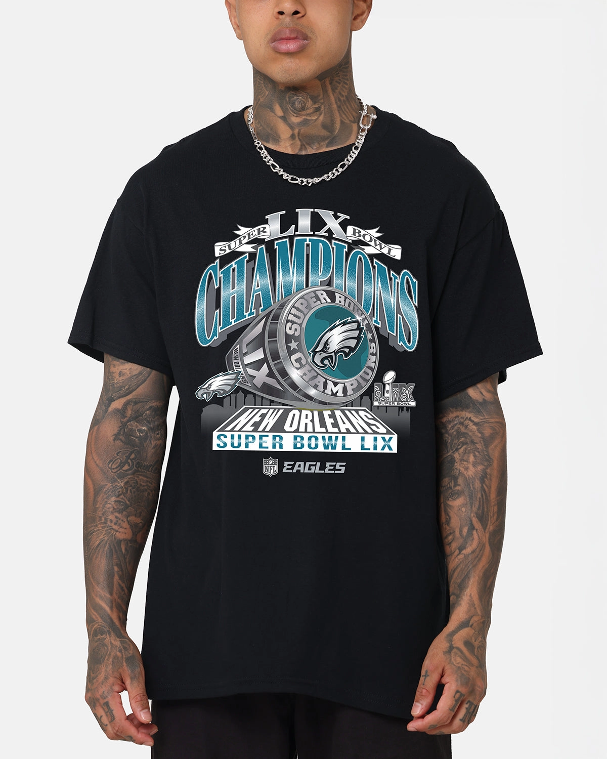 Majestic Athletic Philadelphia Eagles Super Bowl LIX Champions T-Shirt Black Chilly Day Wear Everyday Outfit