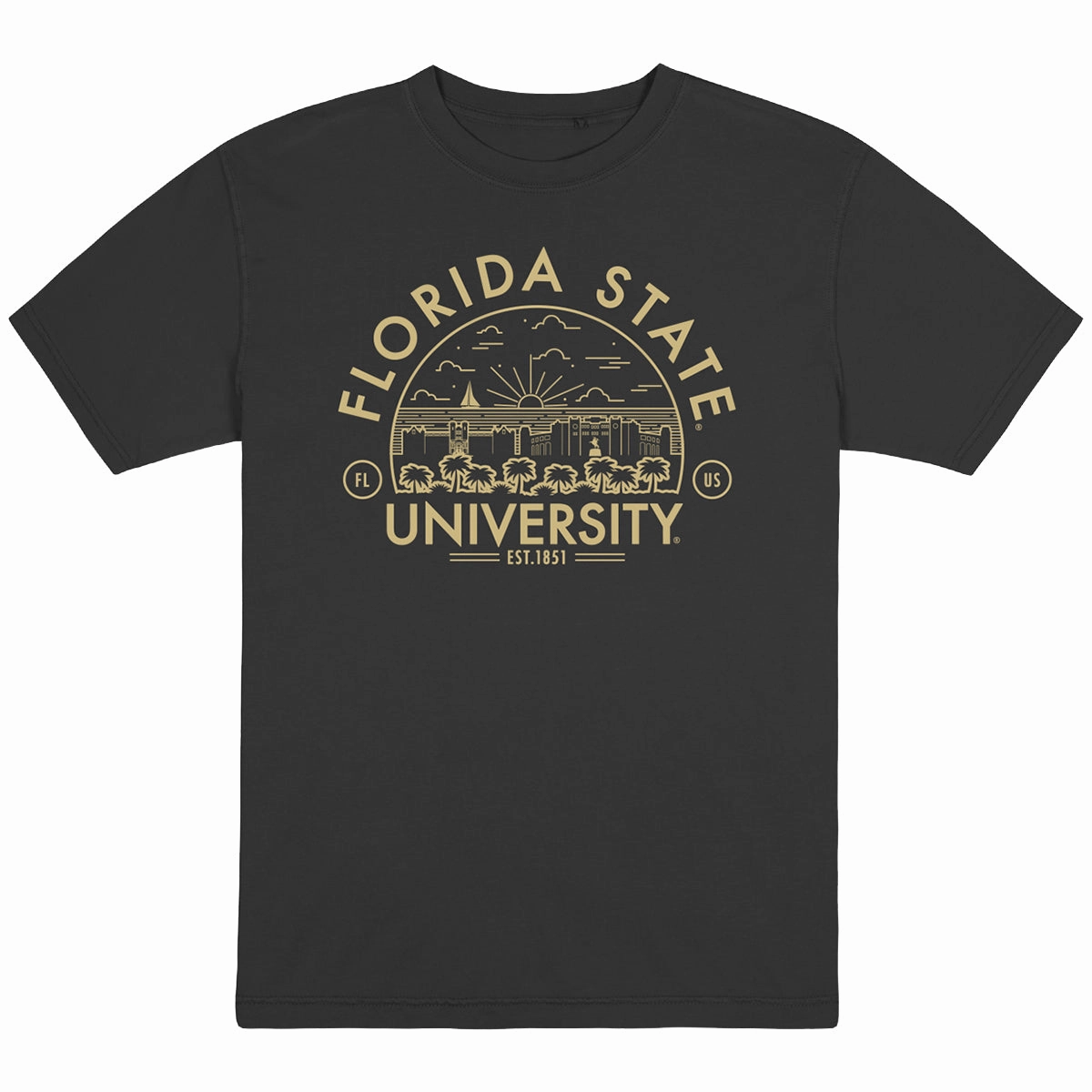 Uscape Men's Florida State University Campus Design Short Sleeve Garment Dyed T-shirt - Black Cozy Feeling