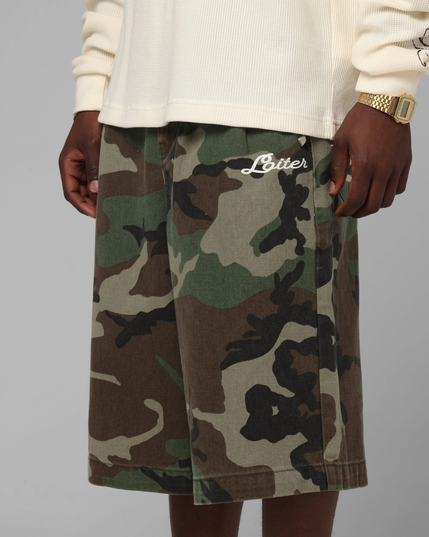Low Maintenance Fabric Loiter 3 Quarter Shorts Woodland Camo