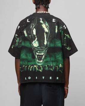 SeamFreeShoulders Sublimation Printed Collar Loiter Alien Boxy T-Shirt Washed Black