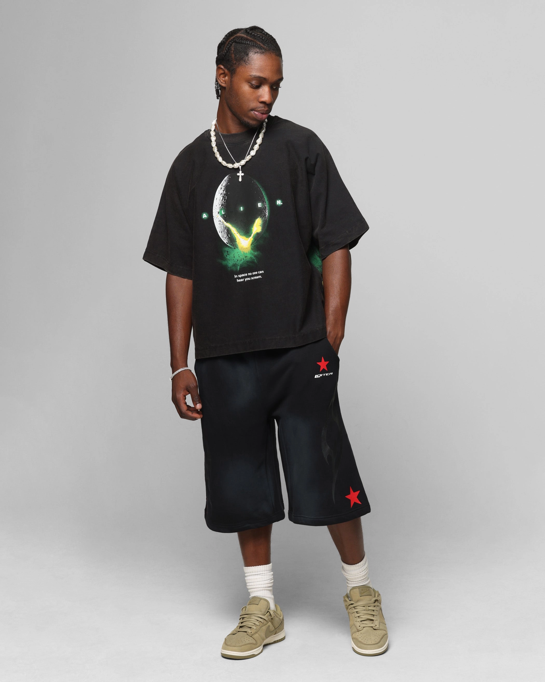 Loiter Alien Boxy T-Shirt Washed Black Playful Prints Quick Drying