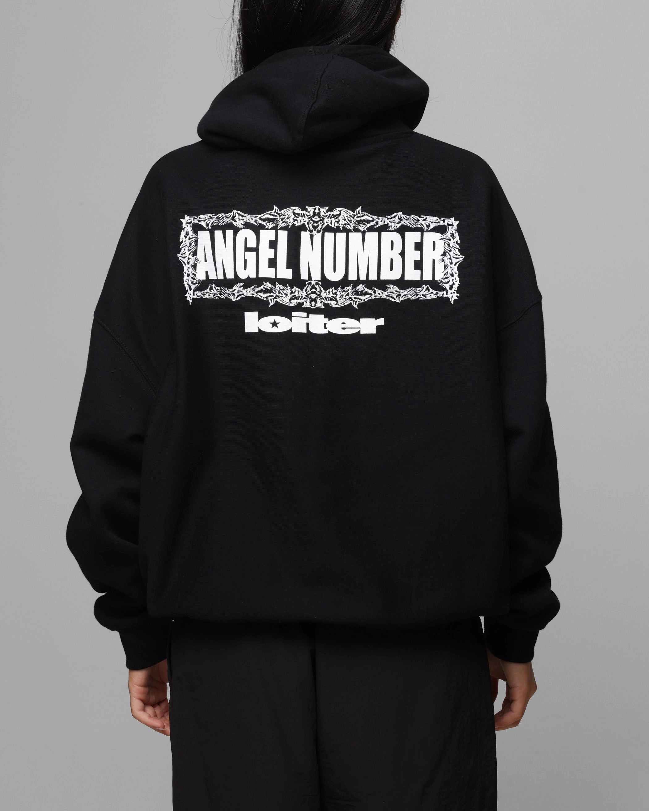 keepsake Solid-color Loiter Angel Number Hoodie Black