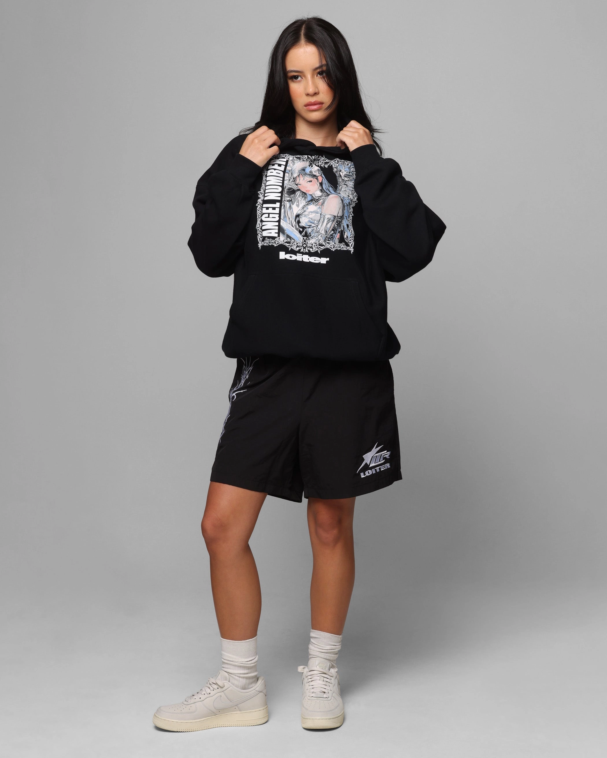 Heat Resistant Layer Loiter Angel Number Hoodie Black