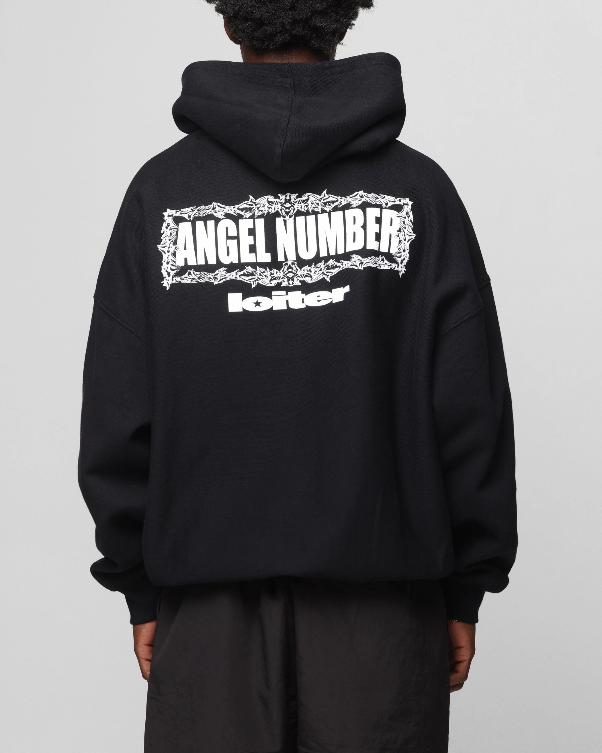Loiter Angel Number Hoodie Black low intensity conflict Layered Binding Edges