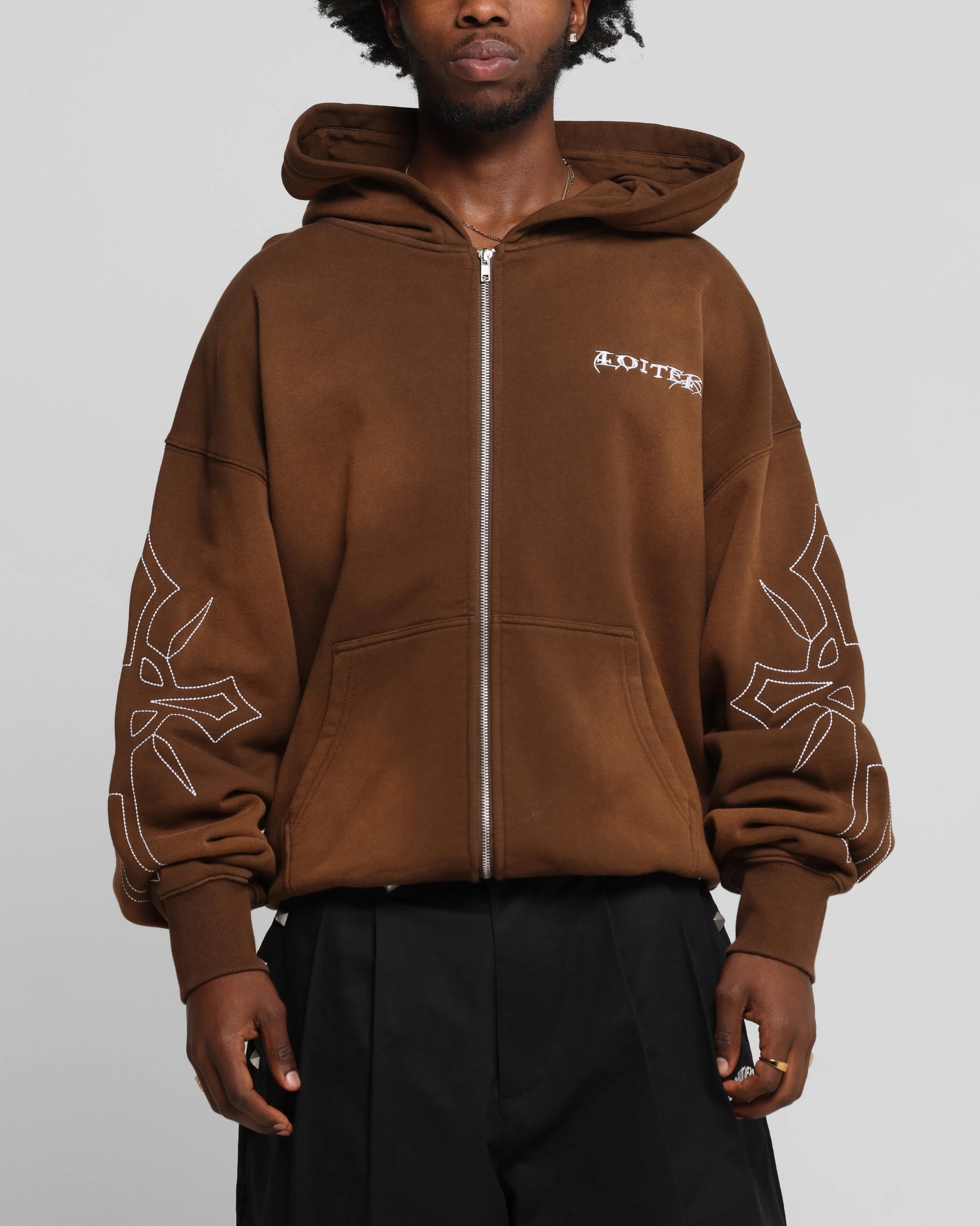 Loiter Atmosphere Zip Hoodie Vintage Brown Stand Collar Adult