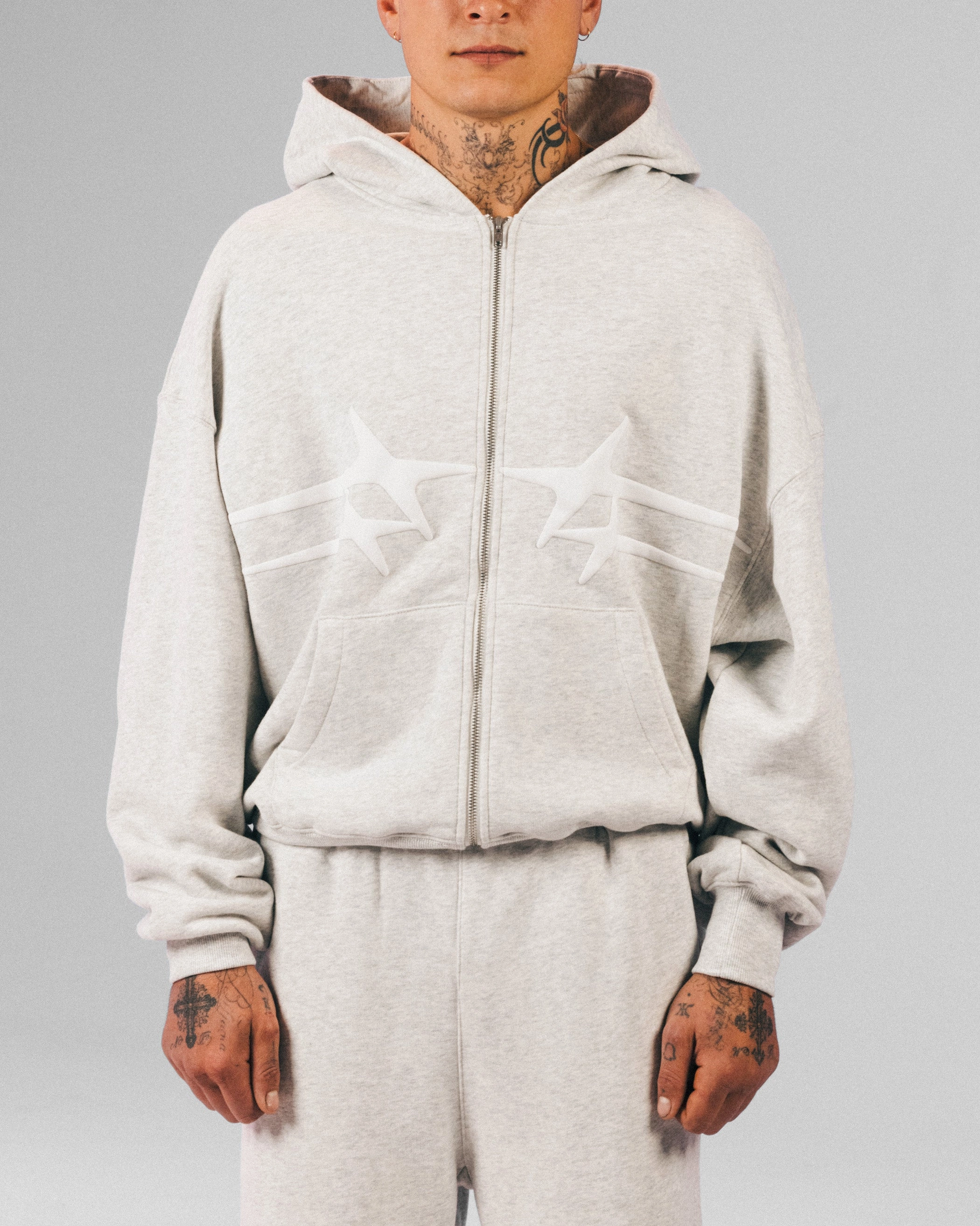 Waterproof Zippers Quilted Lining Loiter Celestial Full Zip Hoodie Light Grey Marl