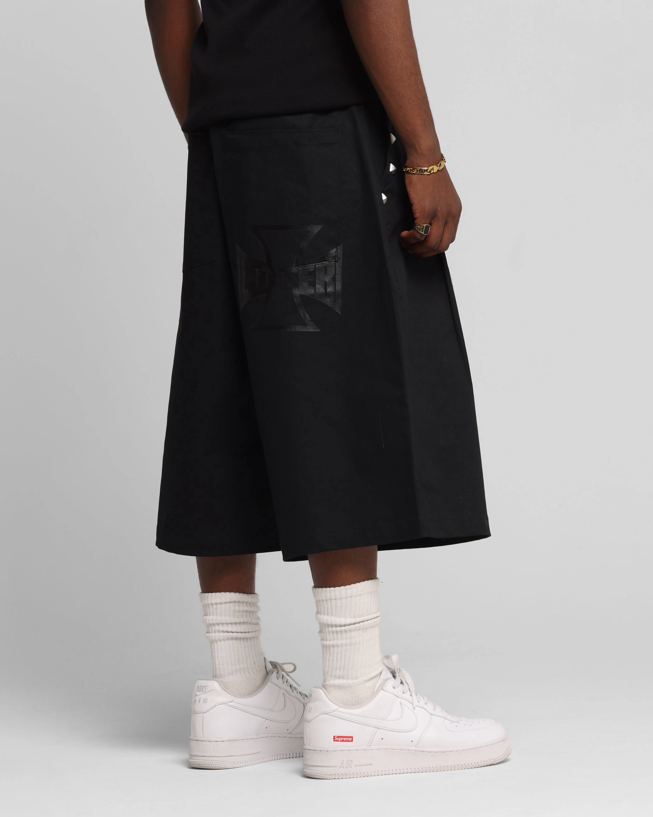 Loiter Chopper Baggy Shorts Black Flexible Mobility Faux Leather