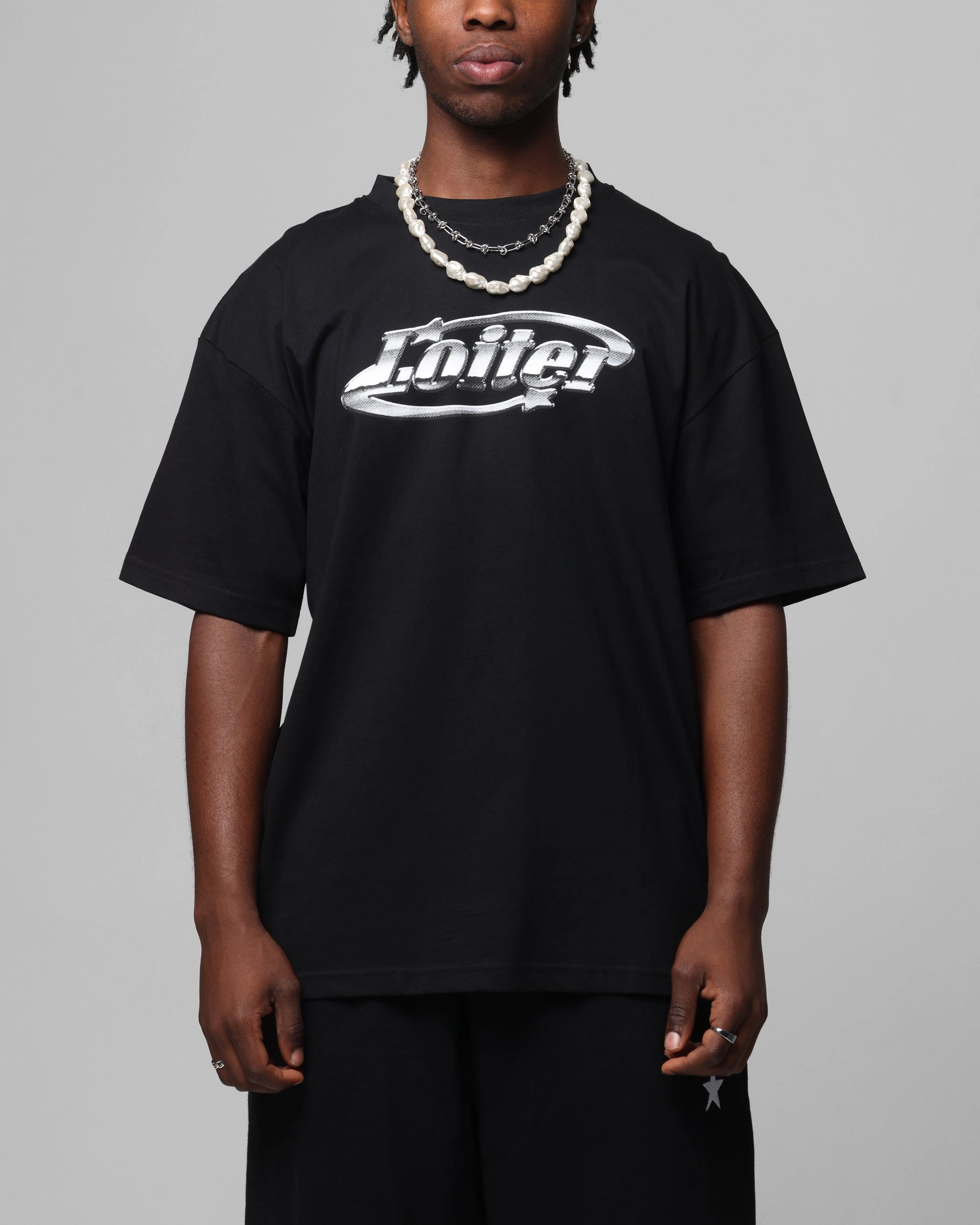 Feminine Appeal Layering Must-Have Loiter Chrome Logo T-Shirt Black