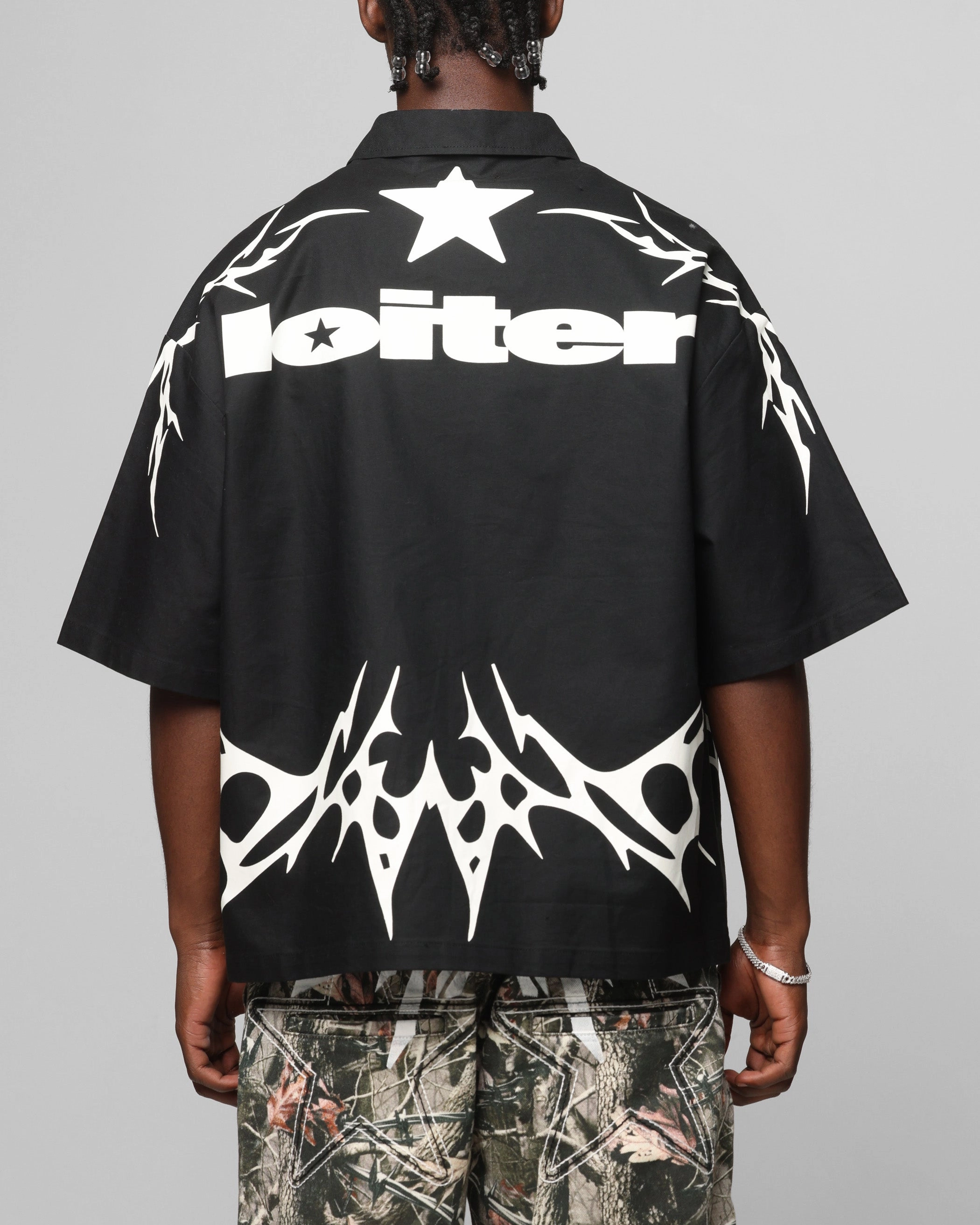 Tropical theme Refined Aesthetic Loiter Cyber Zip Up Short Sleeve Shirt Black