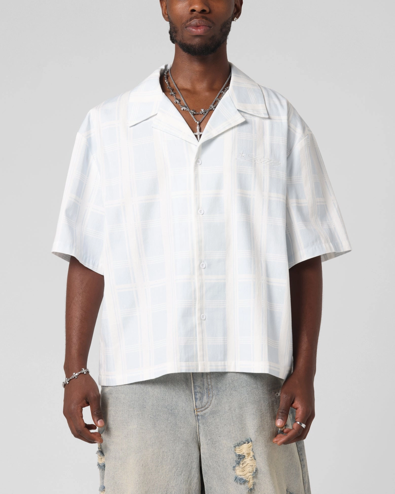 Loiter Daytona Button Up Shirt Blue Check No Slip Shoulder Grip