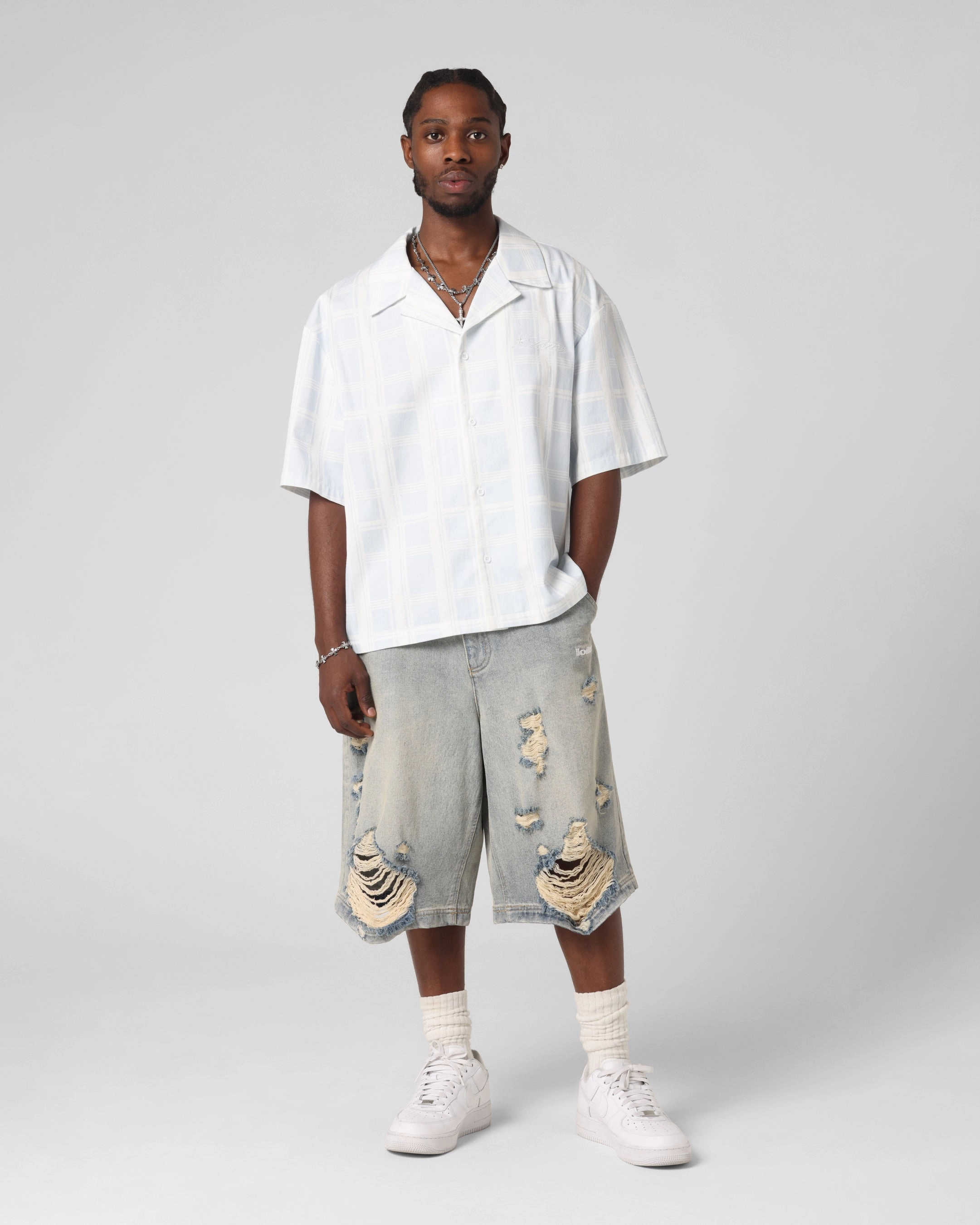Trendsetting Style Functional Pocket Loiter Daytona Button Up Shirt Blue Check