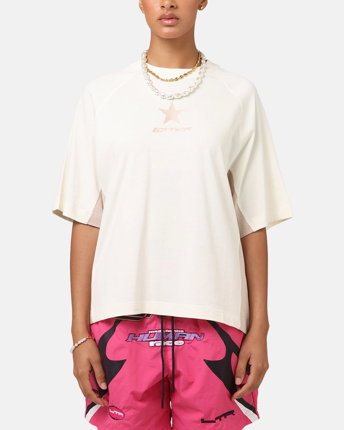 Moisture Control Fabric Loiter Daytona Panel T-Shirt White/Stone
