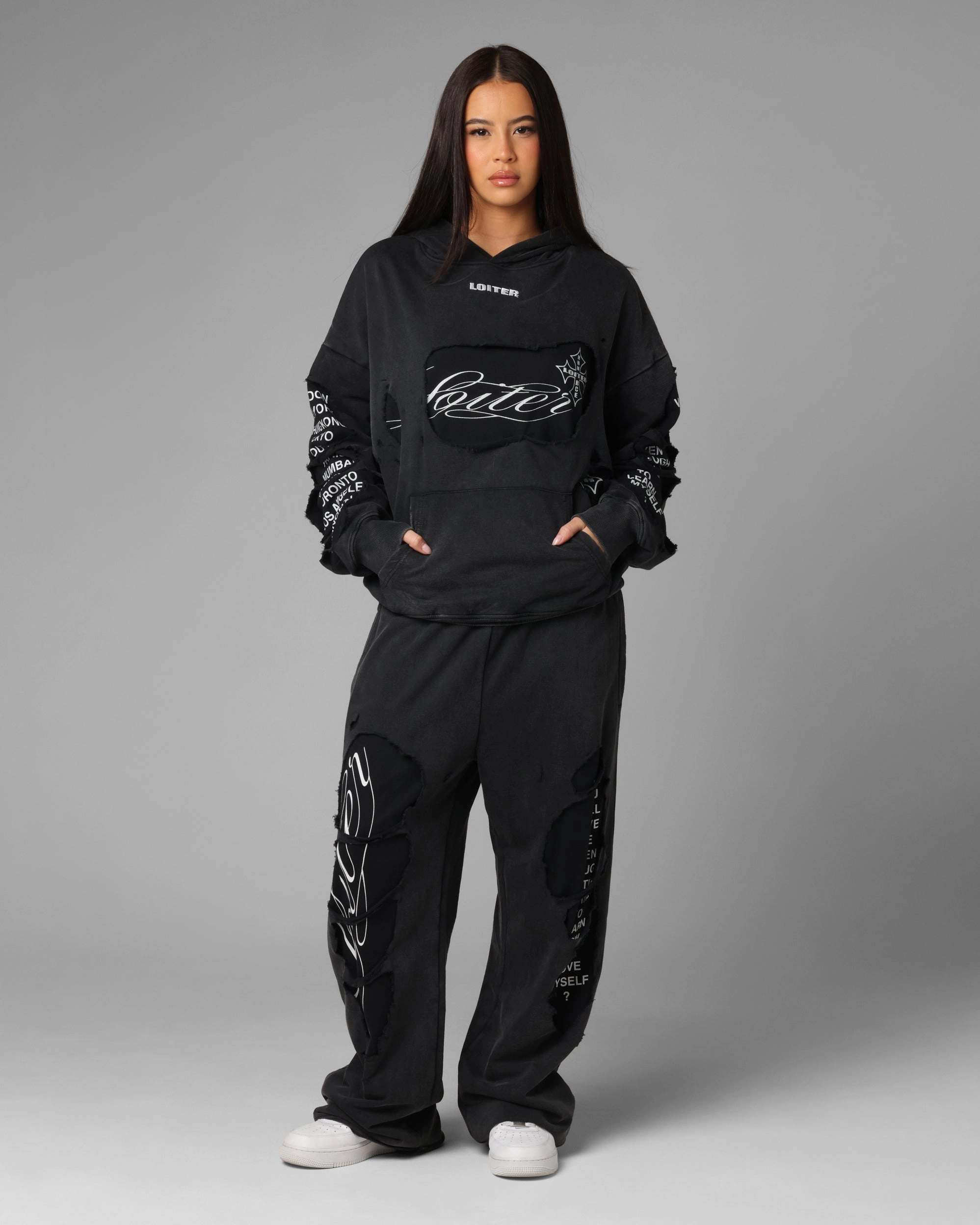 Full Zip Closure Classic Fit Loiter Destruction Hoodie Black