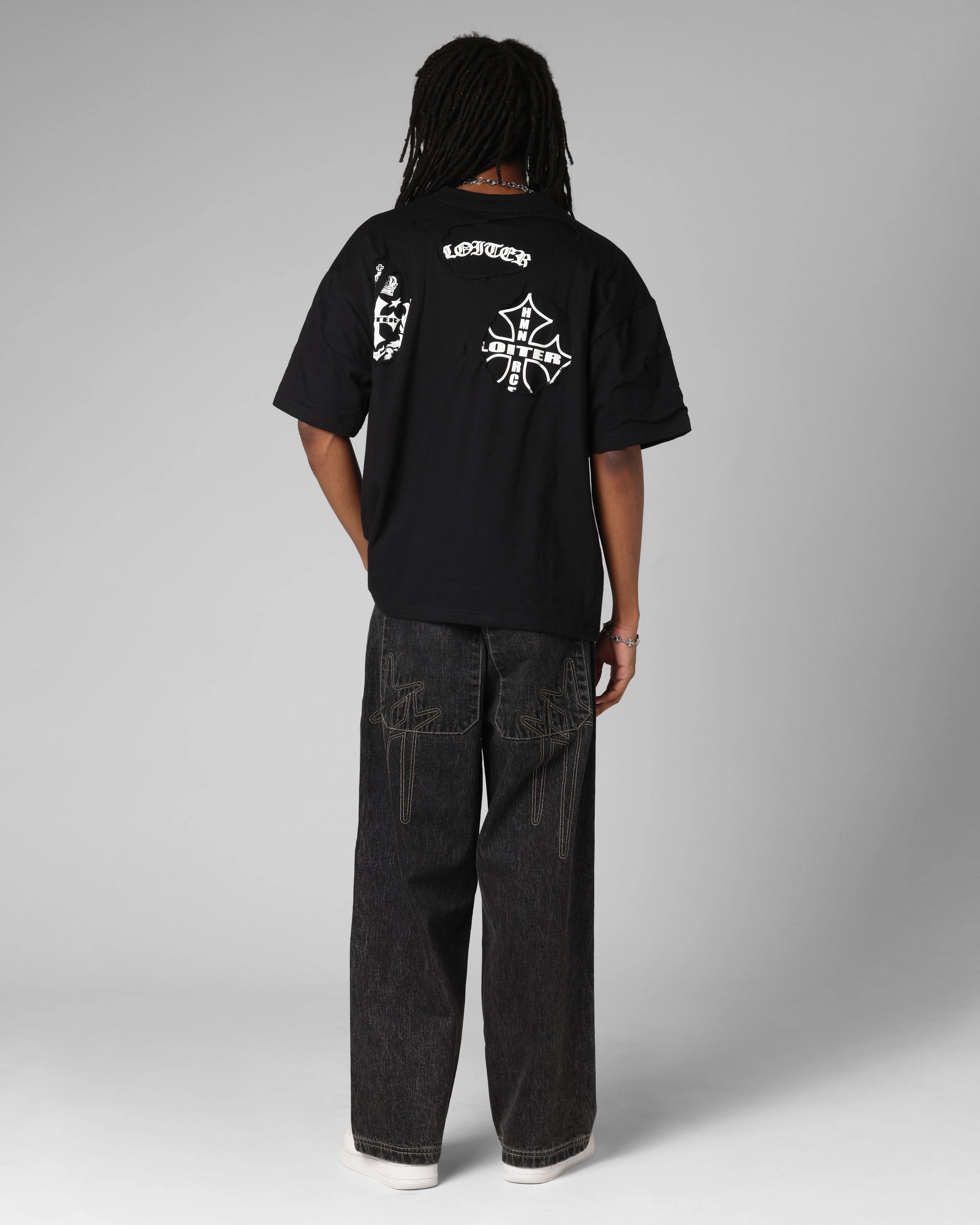 Loiter Destruction T-Shirt Black Wash Comfy Wardrobe Flatlock stitching