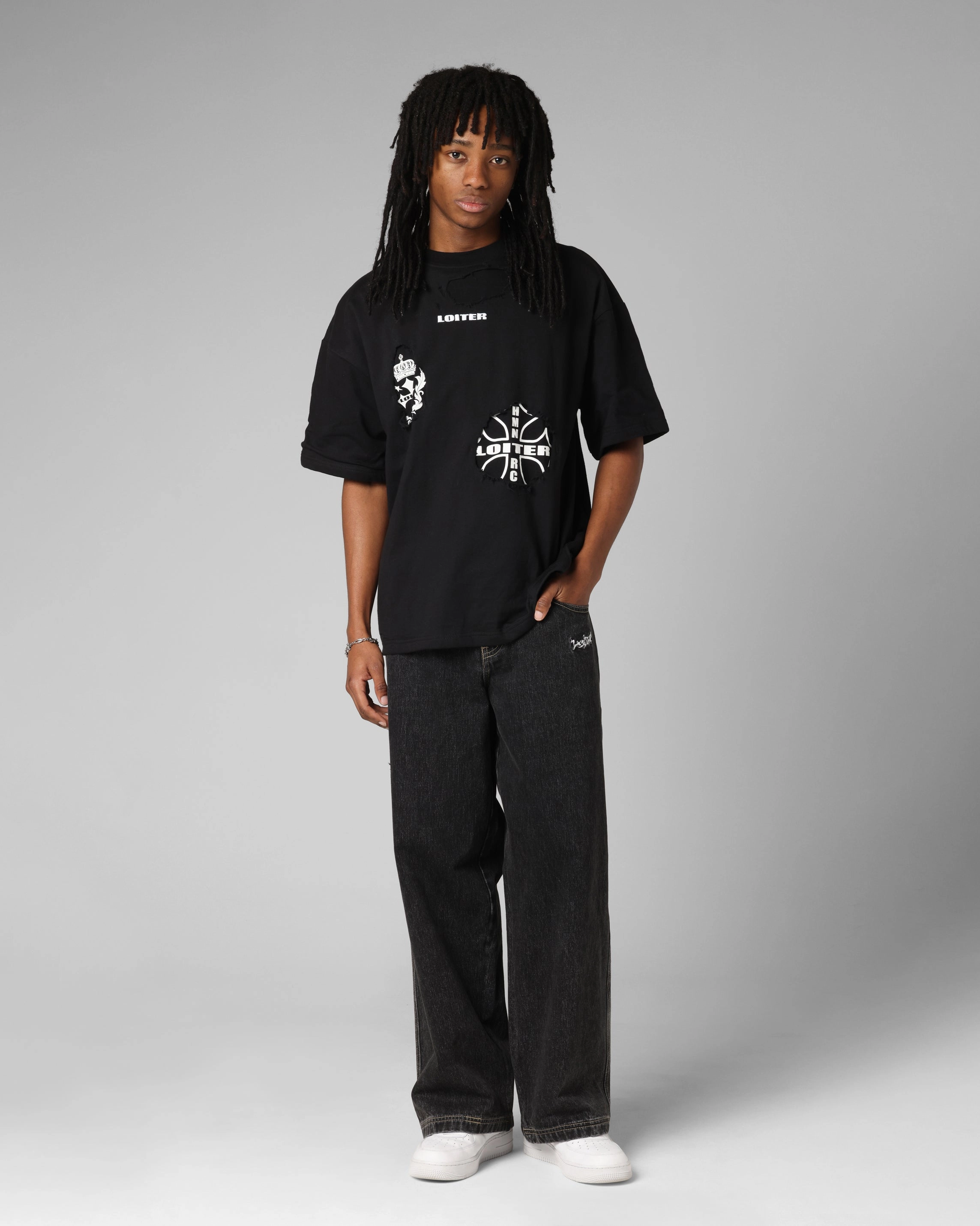 Layered Sleeve Loiter Destruction T-Shirt Black Wash