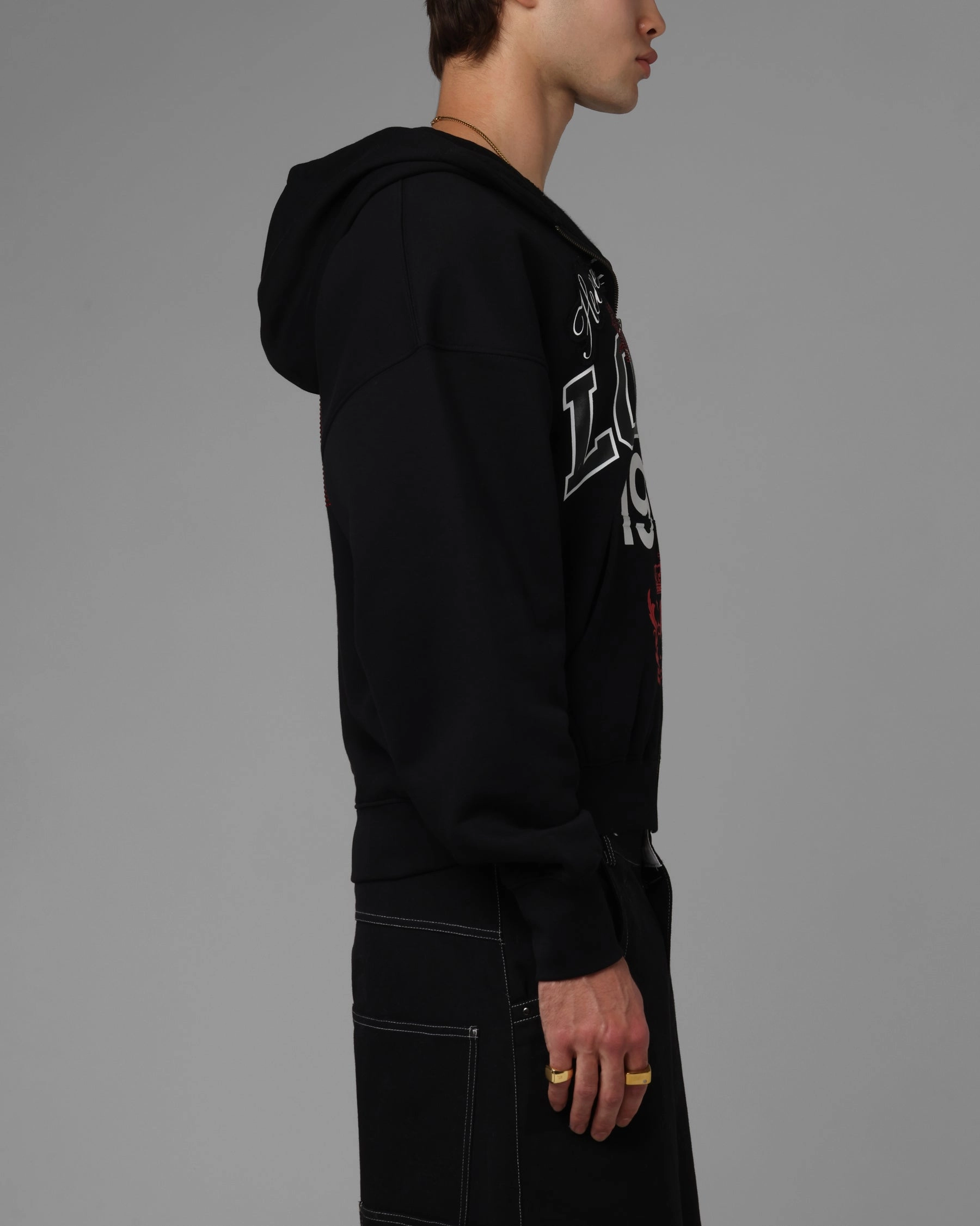 Loiter Drop Out Zip Hoodie Black Razor Lockdown Hood Toggle