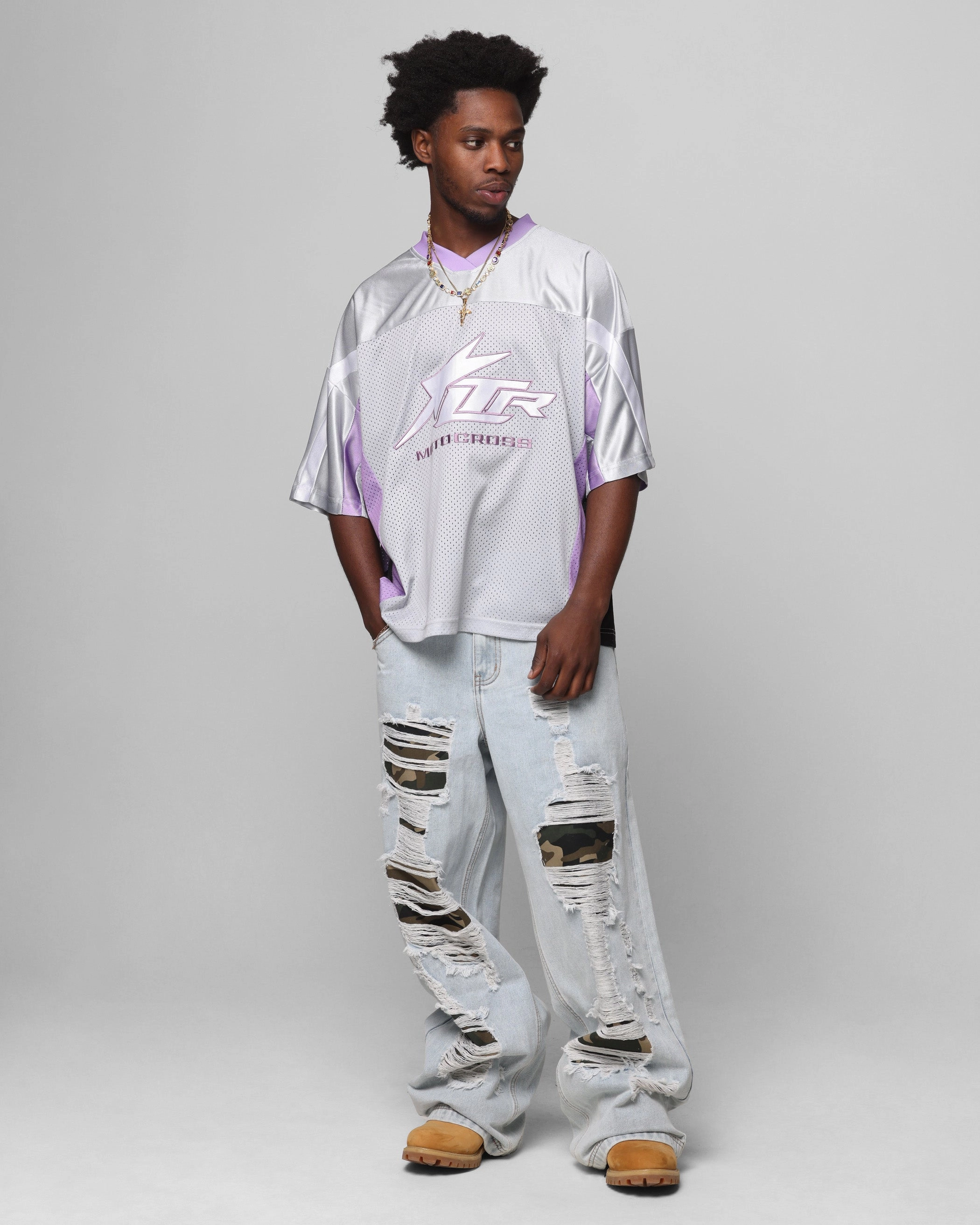 Loiter End Zone Jersey Grey/Purple Non Restrictive Tailoring Anti Pilling Fabric Treatment