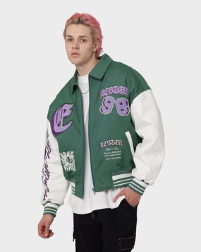 Reinforced Elbow Patches Warm Shield Loiter Ethereal Varsity Jacket Green