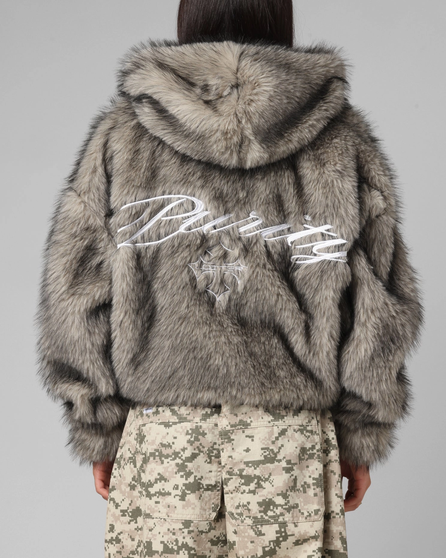 Loiter Faux Fur Hooded Jacket Off White Utility fitted fit