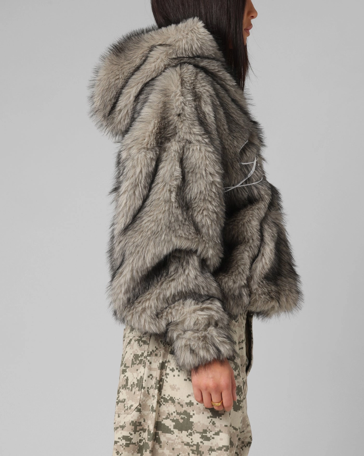 Fitted baristas Loiter Faux Fur Hooded Jacket Off White